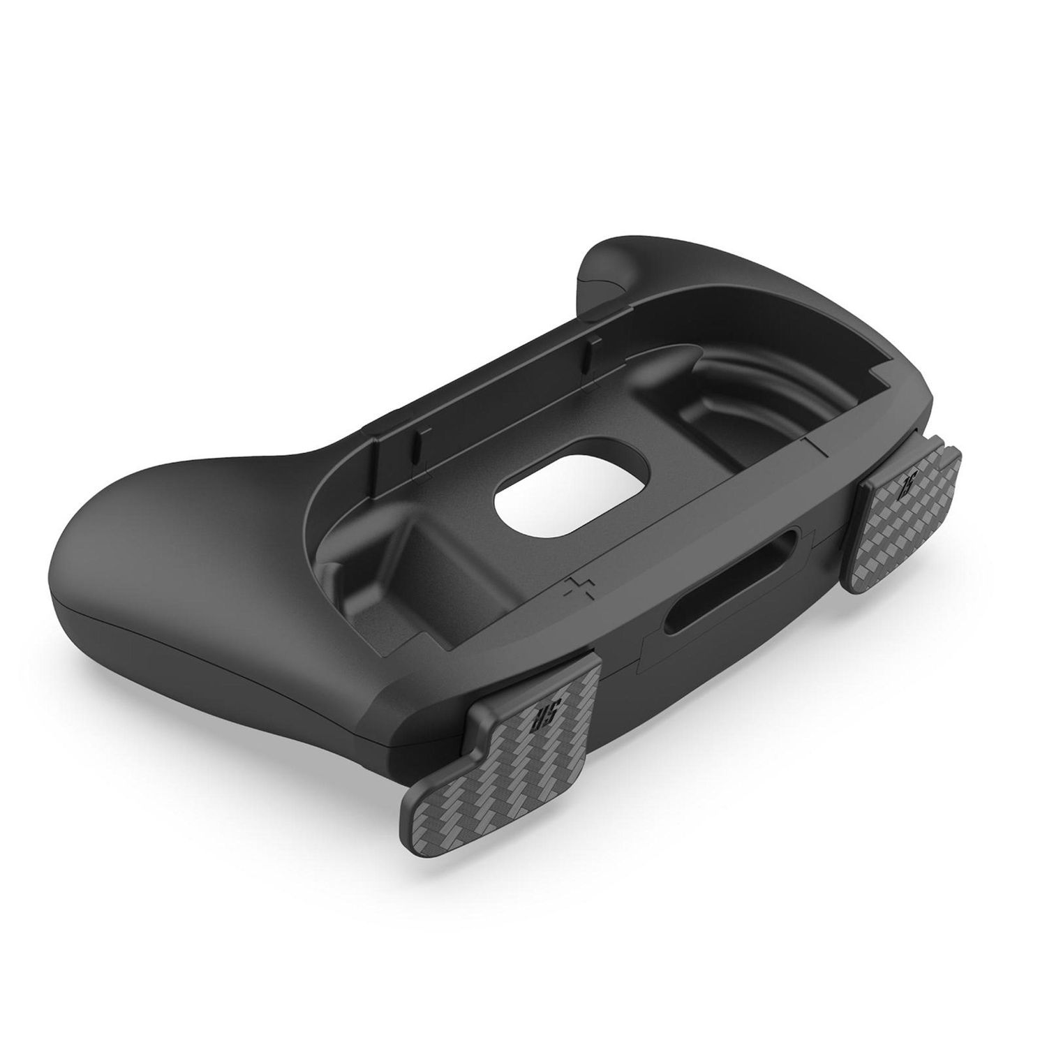 Un dispositivo portátil negro, probablemente un controlador, con un agarre texturizado. Tiene un diseño contorneado con aberturas y un acabado mate.