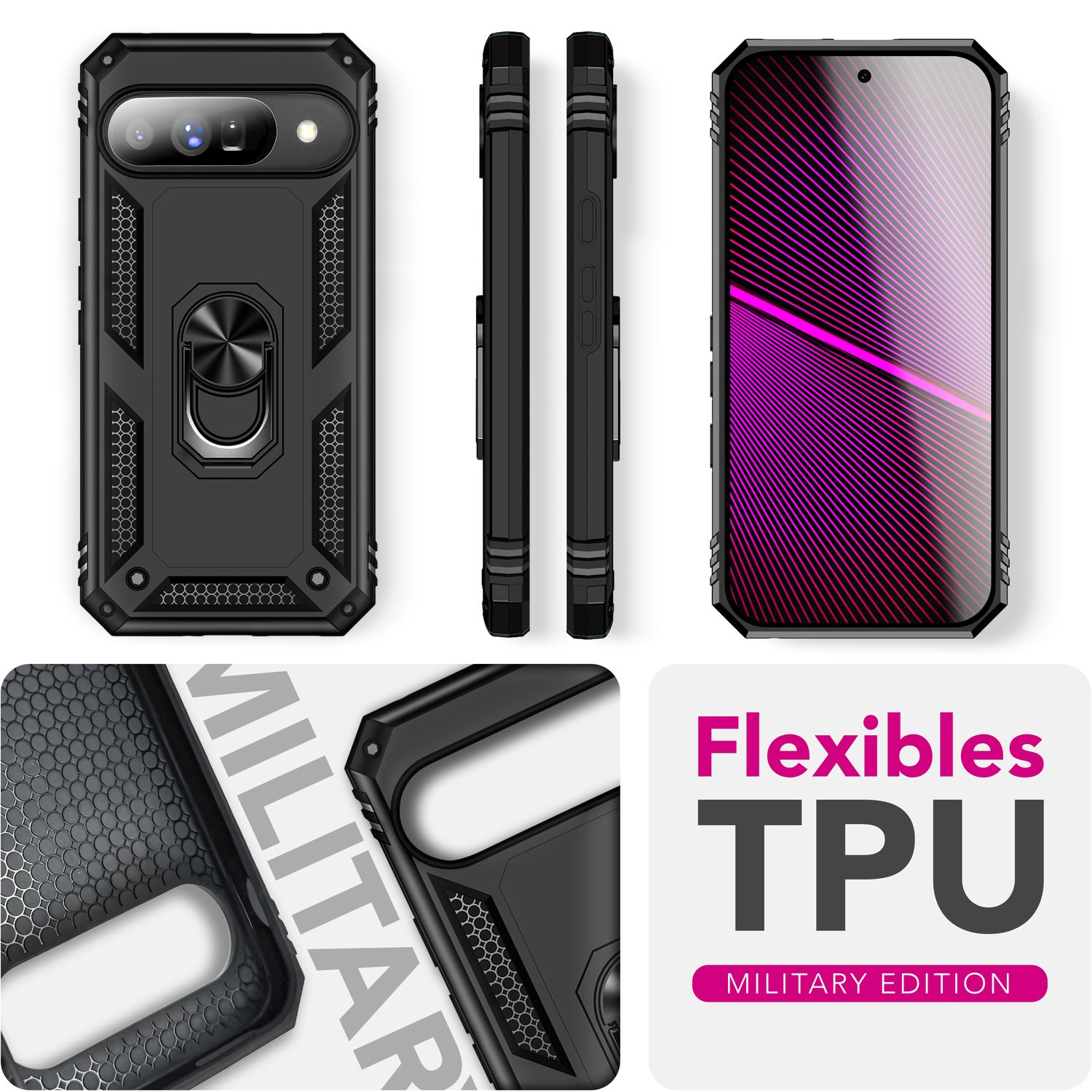 Una custodia nera per telefono con supporto ad anello è mostrata da più angolazioni. Lo schermo mostra un design astratto viola e rosa.