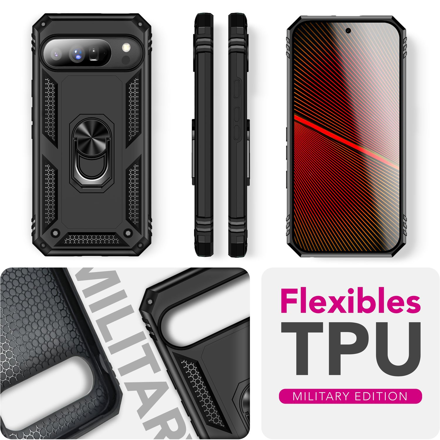 Schwarze Handyhülle mit Ringhalter, Seiten- und Frontansicht. Text: 'Flexibles TPU Military Edition'.