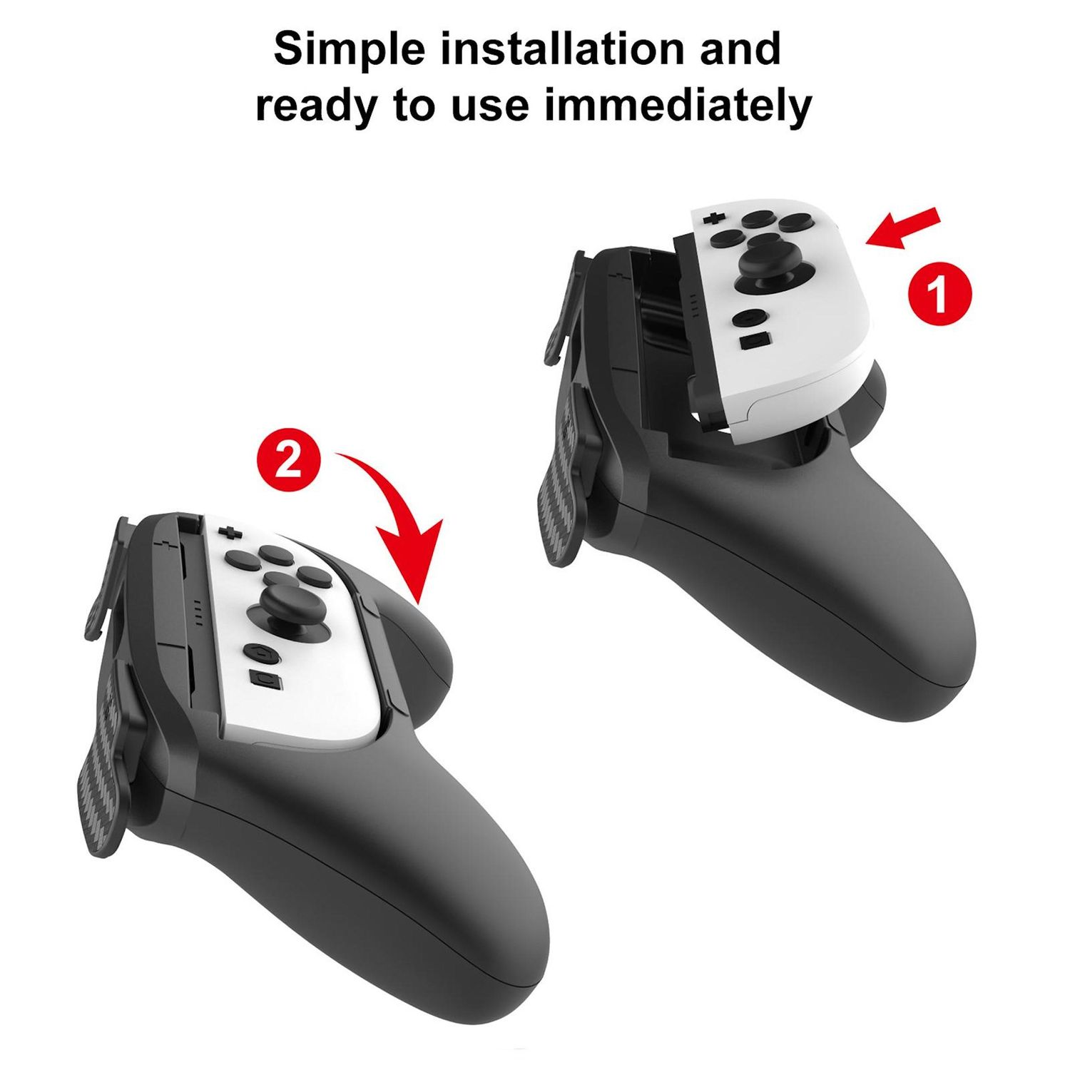 Se muestran dos mandos de juegos. Uno se está ensamblando. Las flechas apuntan al proceso de montaje. El texto de la parte superior dice, instalación simple.