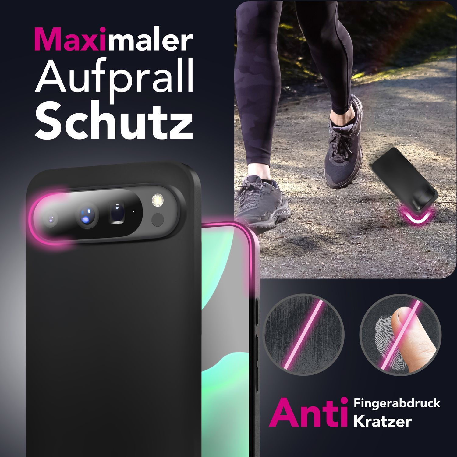 L'immagine mostra una custodia per telefono, una persona che corre e caratteristiche antigraffio. Il testo dice 'Maximaler Aufprall Schutz' e 'Anti Fingerabdruck Kratzer'.