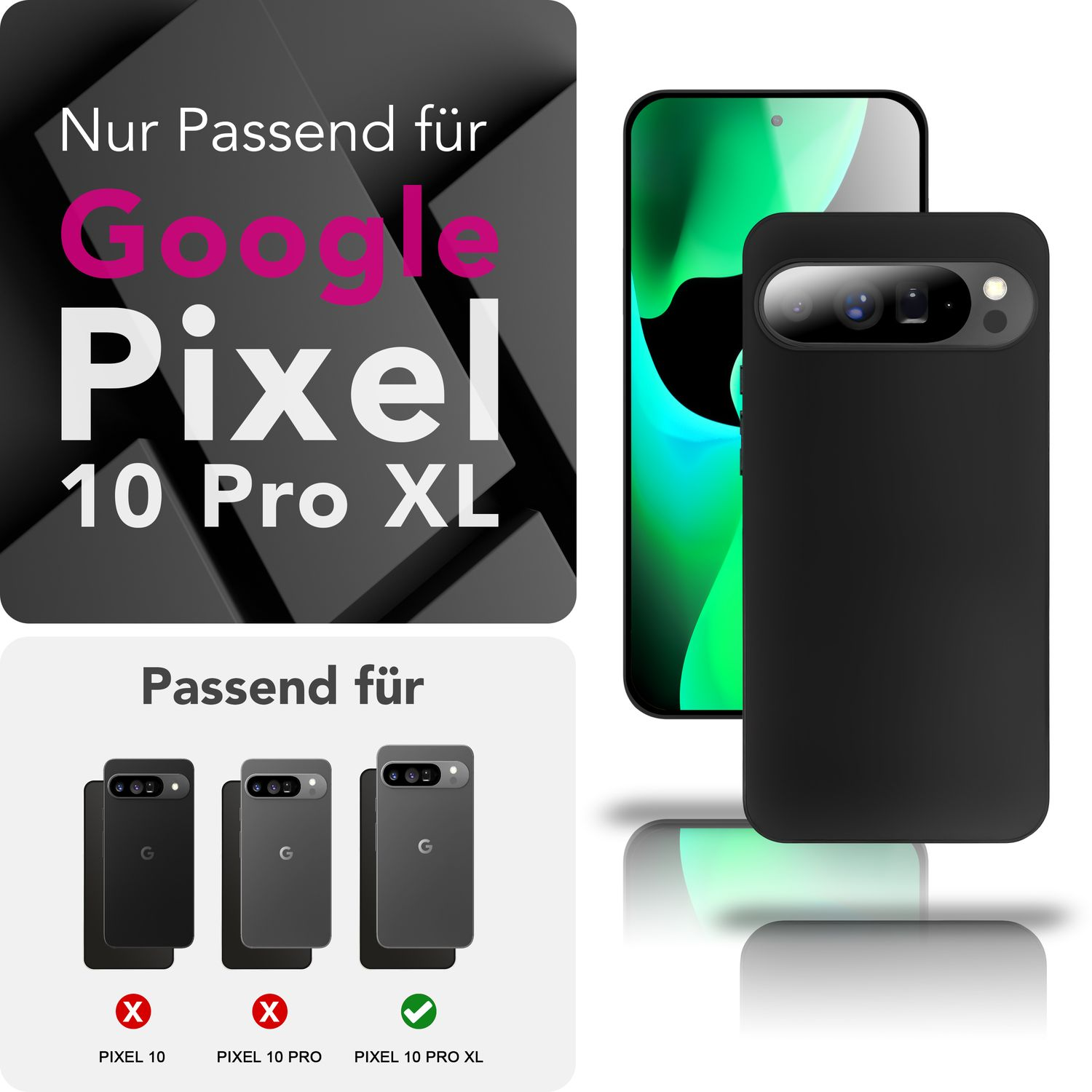 Immagine che mostra una custodia per telefono e un telefono. Il testo indica la compatibilità con Google Pixel 10 Pro XL. Vengono mostrati anche altri modelli di telefono.