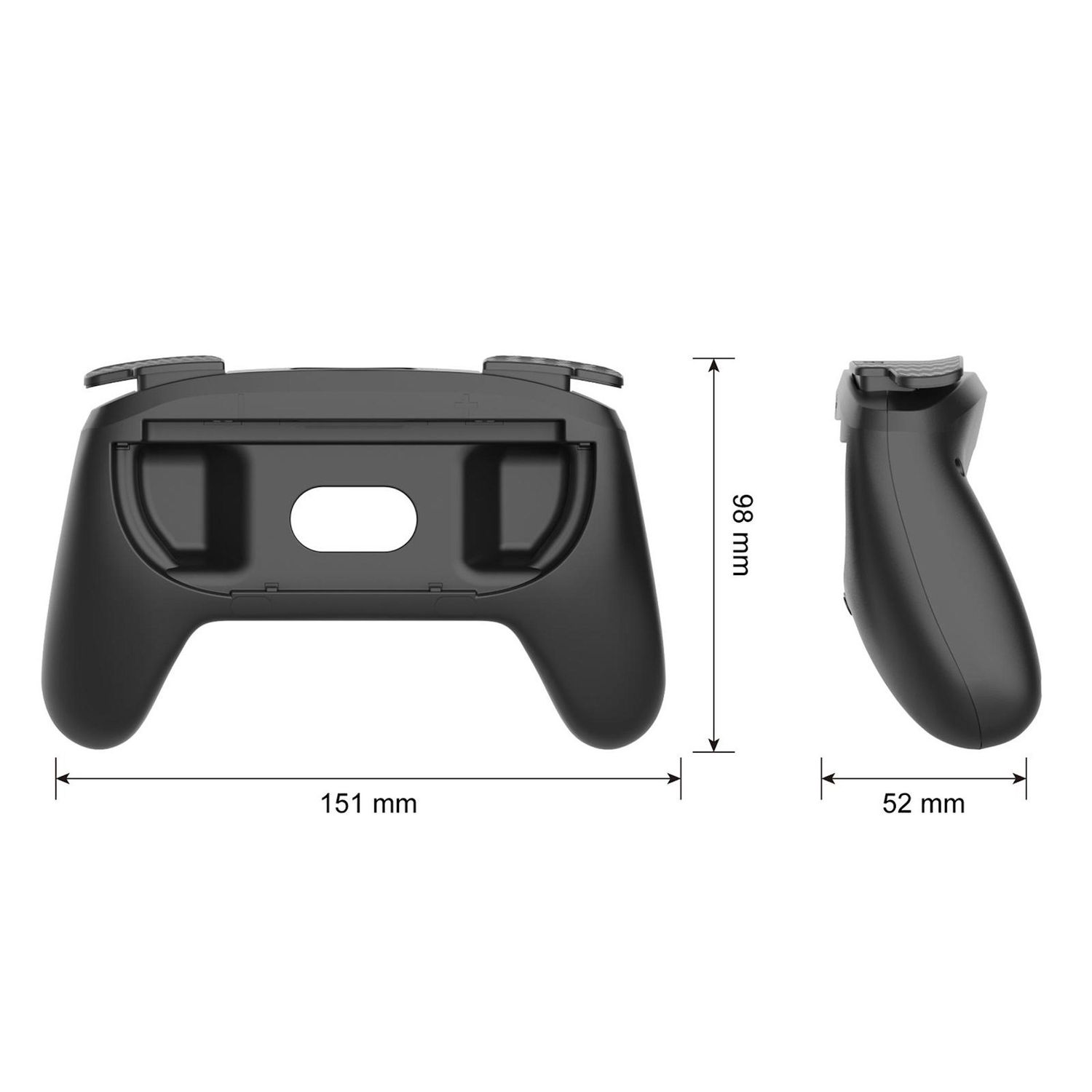 Mando de juego negro con dimensiones, 151 mm de ancho y 98 mm de alto. Una vista lateral muestra un grosor de 52 mm.