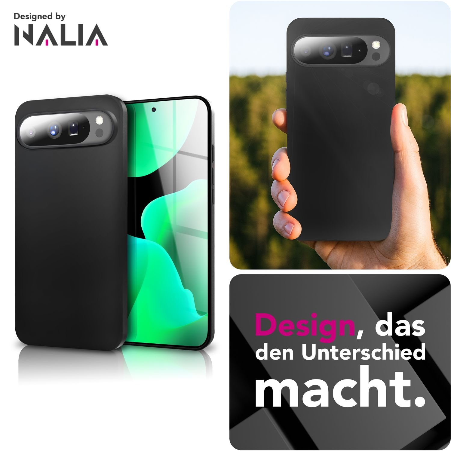 Custodia nera con schermo verde a sinistra. Una mano tiene la custodia a destra. Testo: Design, das den Unterschied macht.
