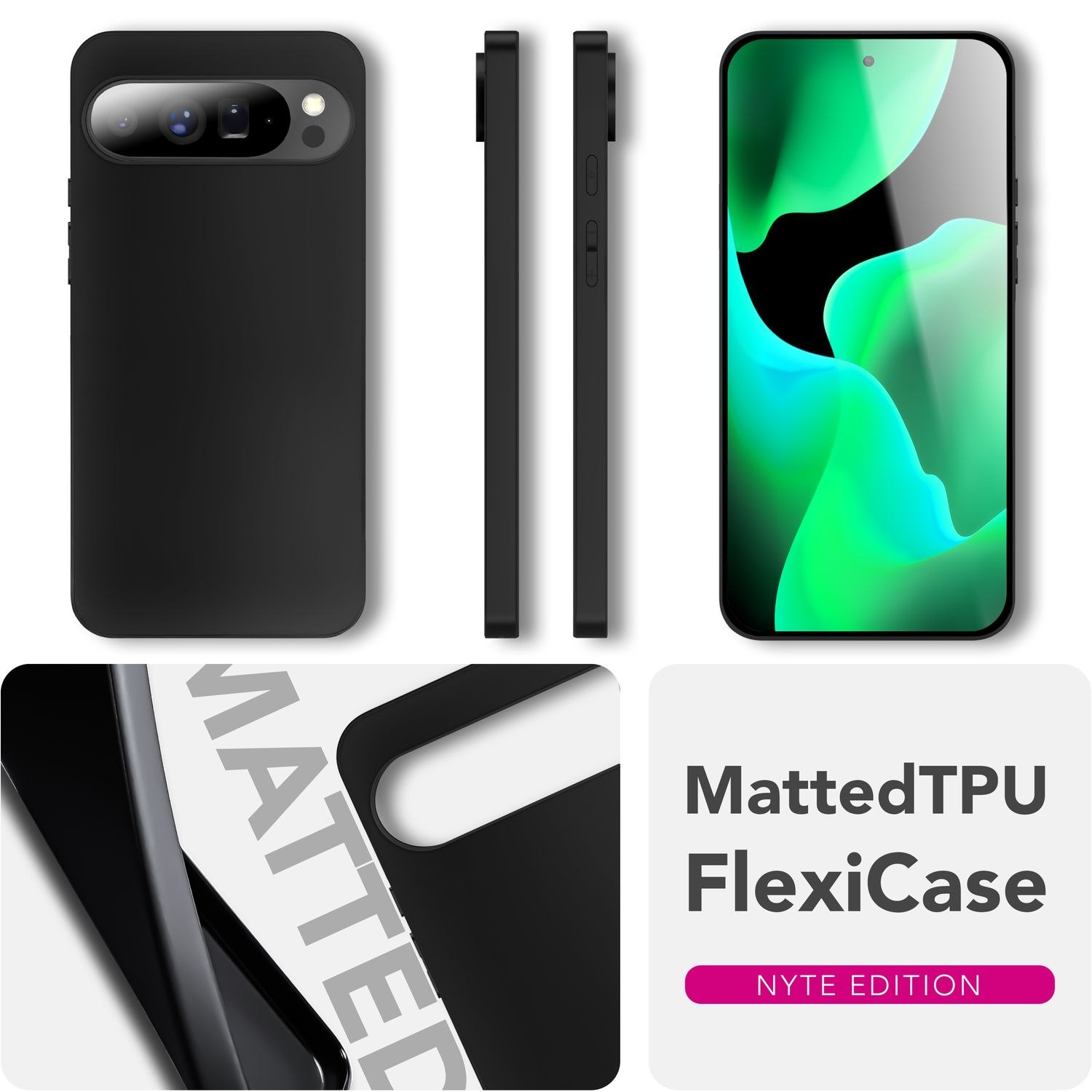 Custodia nera per telefono con display che mostra uno sfondo astratto verde e blu. Include viste laterali e superiori della custodia.