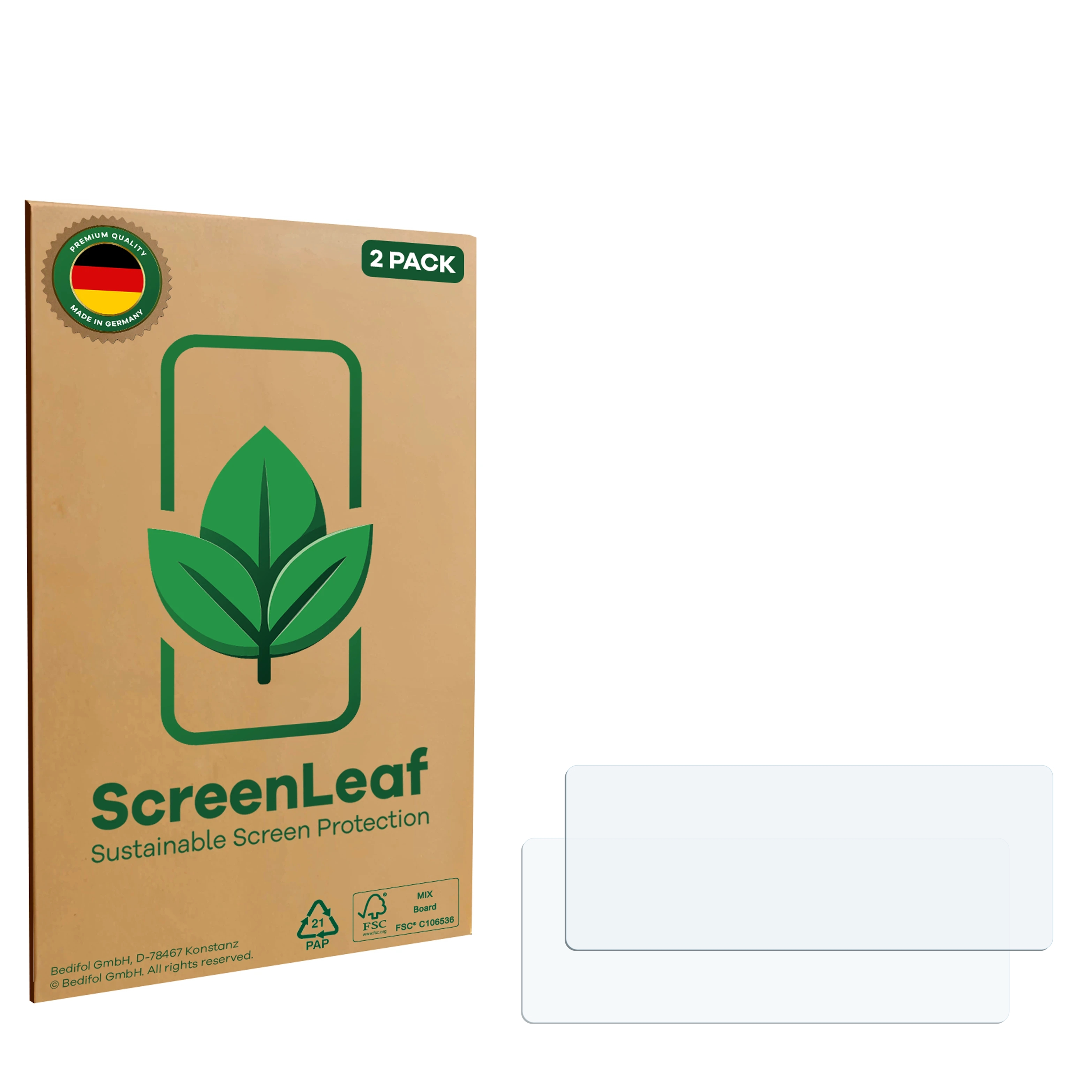 Eine Packung Displayschutzfolie mit zwei sichtbaren Schutzfolien. Die Packung ist braun mit grünem Blattlogo und Text.