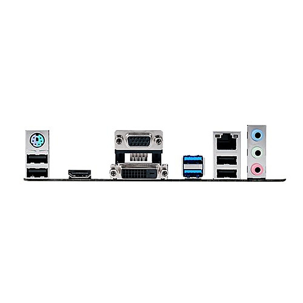 Pannello posteriore di una scheda madre del computer. Sono visibili varie porte e connettori, tra cui USB, audio e uscite video.