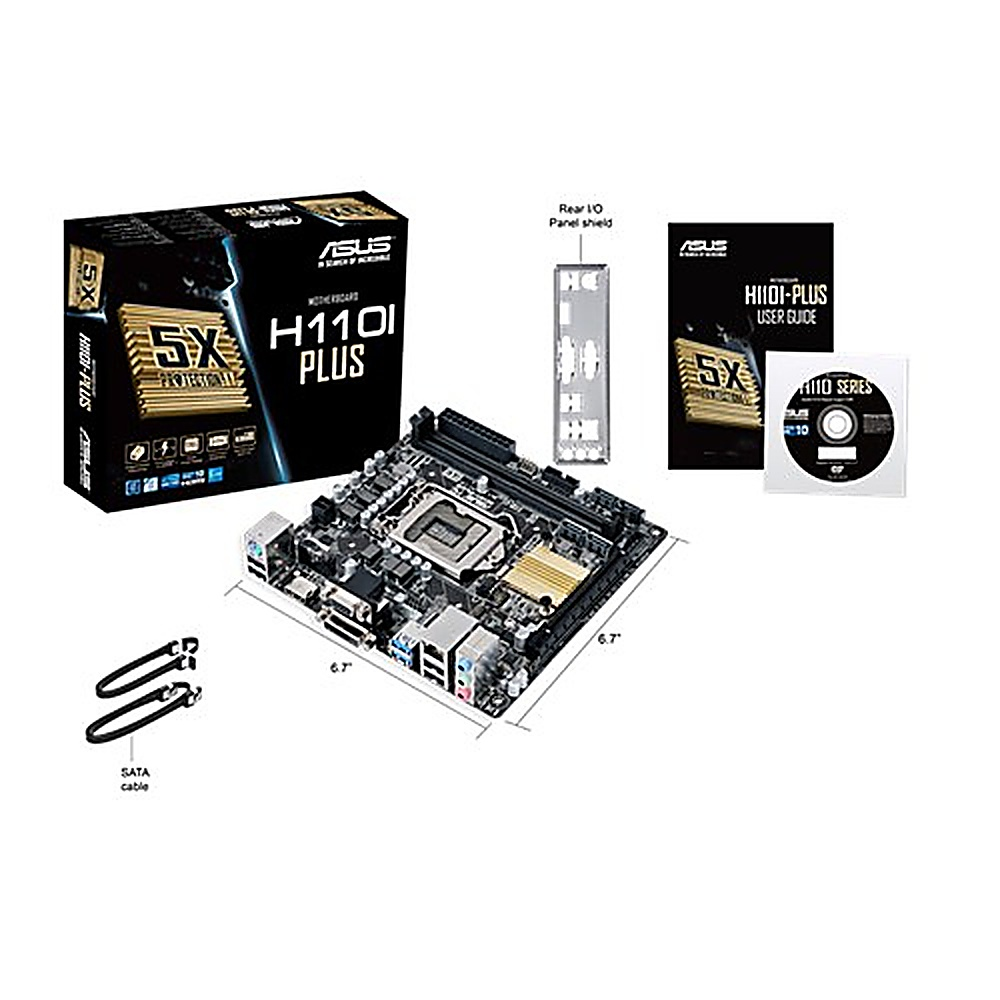 Una scheda madre ASUS H110I Plus, scatola, manuale, pannello posteriore e un CD. Sono visibili anche cavi SATA su sfondo bianco.