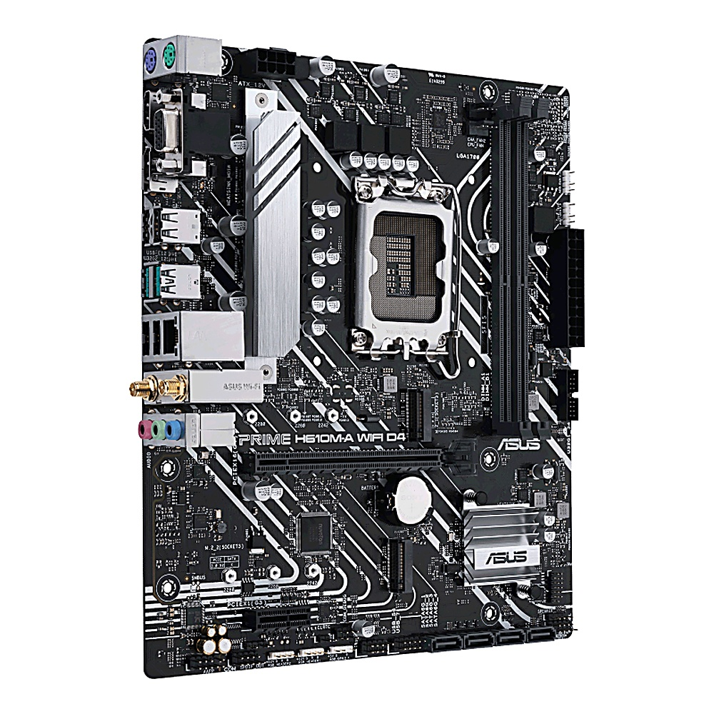 Una scheda madre ASUS Prime H610M-A WIFI D4 nera e argento. I componenti includono zoccolo CPU, slot RAM e varie porte.