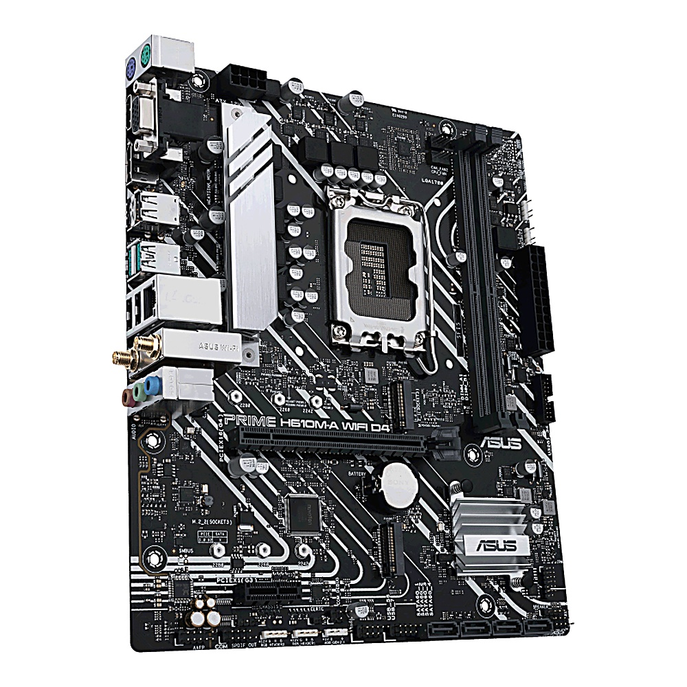 Una scheda madre ASUS PRIME H610M-A WIFI D4 nera e argento su sfondo bianco, con varie porte e componenti visibili.