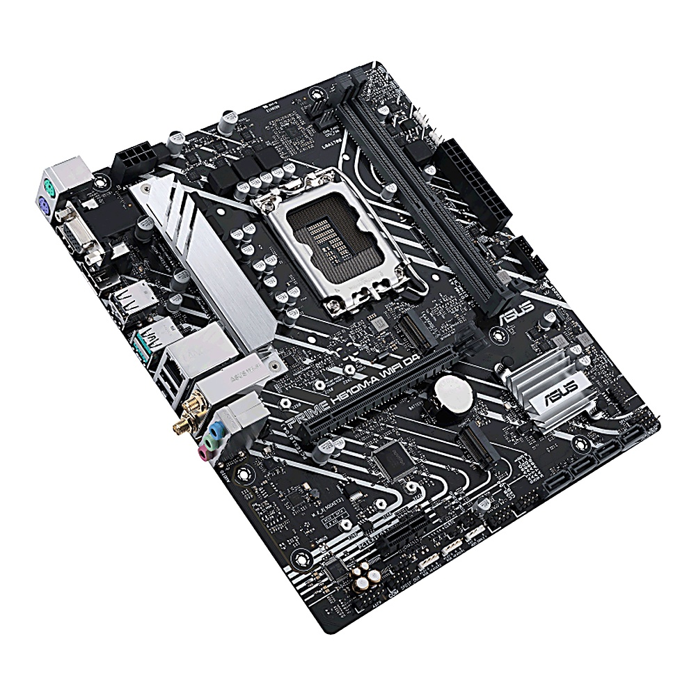 Scheda madre ASUS nera e argento. Componenti chiave: socket CPU, slot RAM e varie porte. Lo sfondo è bianco.