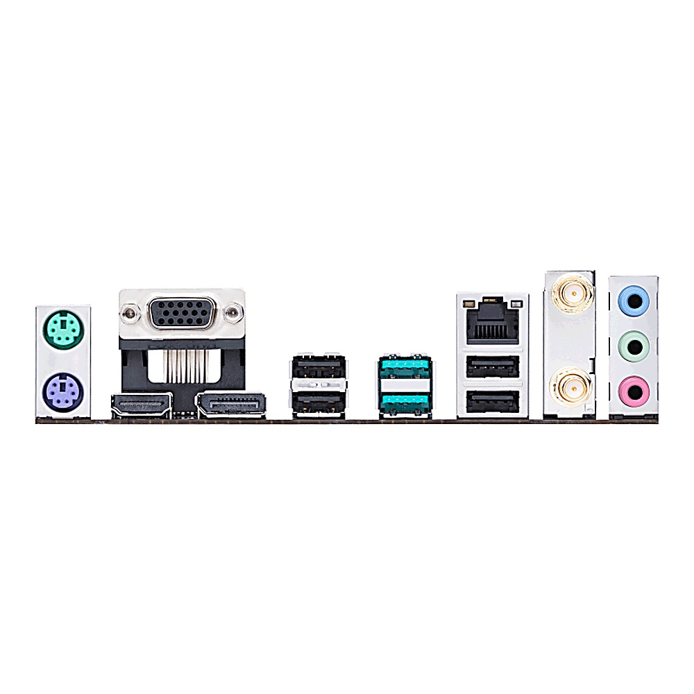 Pannello posteriore di una scheda madre per computer. Include varie porte: VGA, USB, audio, rete e connettori per antenna. Colori: bianco, blu, nero e verde.