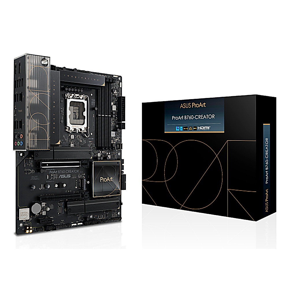 Una scheda madre nera e una scatola nera con disegni dorati. La scatola dice ASUS ProArt B760-CREATOR.