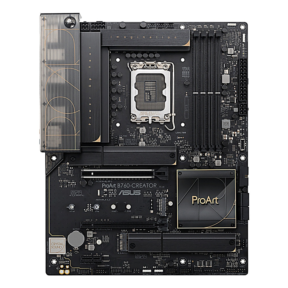 Una scheda madre Asus ProArt B760-CREATOR nera e oro. Ha più slot, chip e un grande dissipatore di calore in alto a sinistra.