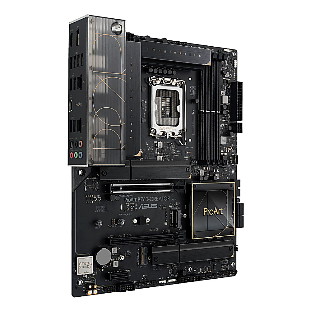 Scheda madre ProArt B760-CREATOR nera. Caratteristiche: socket CPU, slot di espansione e design dorato. Sfondo bianco.