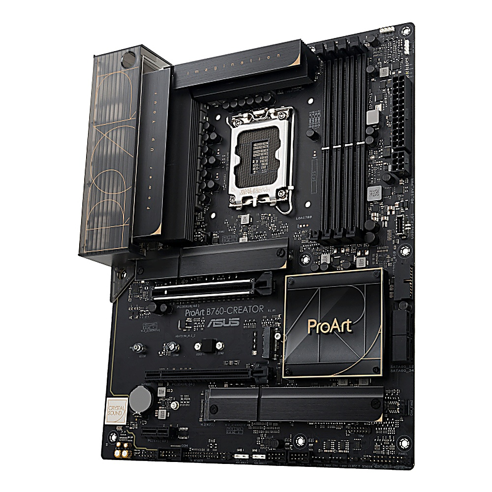 Una scheda madre nera con accenti dorati. È visibile la ProArt B760-CREATOR. Ha più slot e un socket CPU.