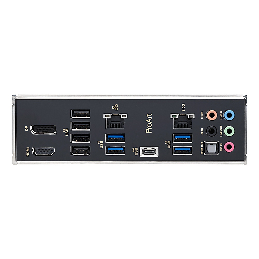Un pannello posteriore della scheda madre con varie porte: HDMI, USB, jack audio e porte Ethernet. L'etichetta è ProArt.