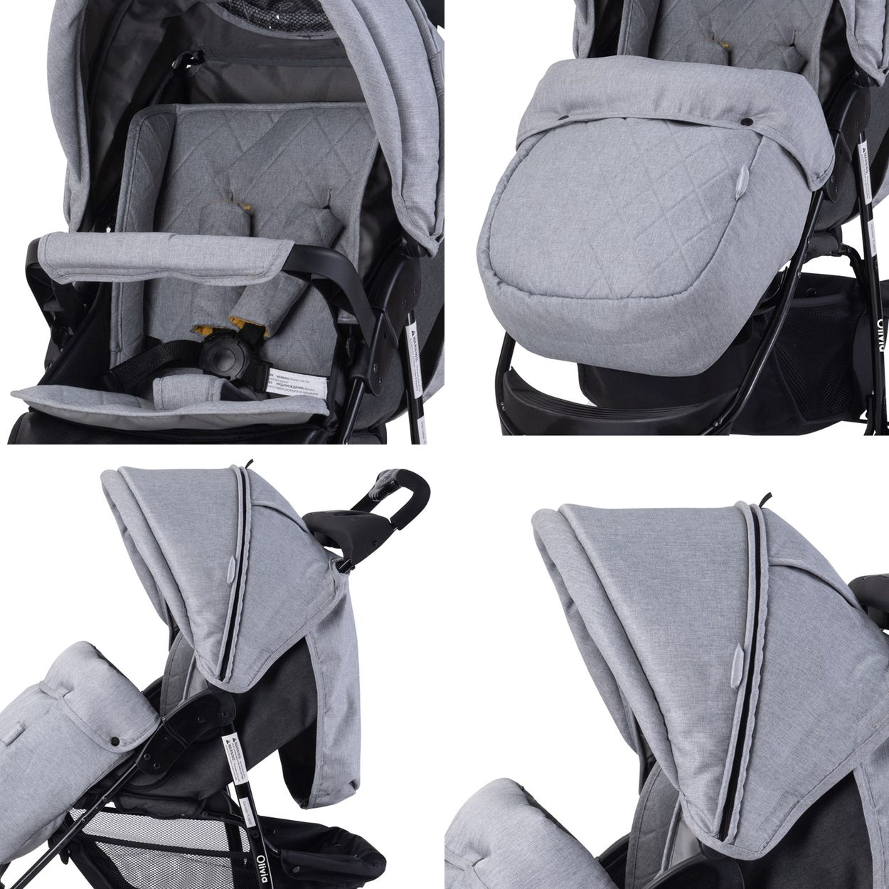 Ein grauer Kinderwagen wird aus verschiedenen Blickwinkeln gezeigt. Er verfügt über ein Verdeck, einen Sitz, einen Sicherheitsbügel und einen Aufbewahrungskorb.