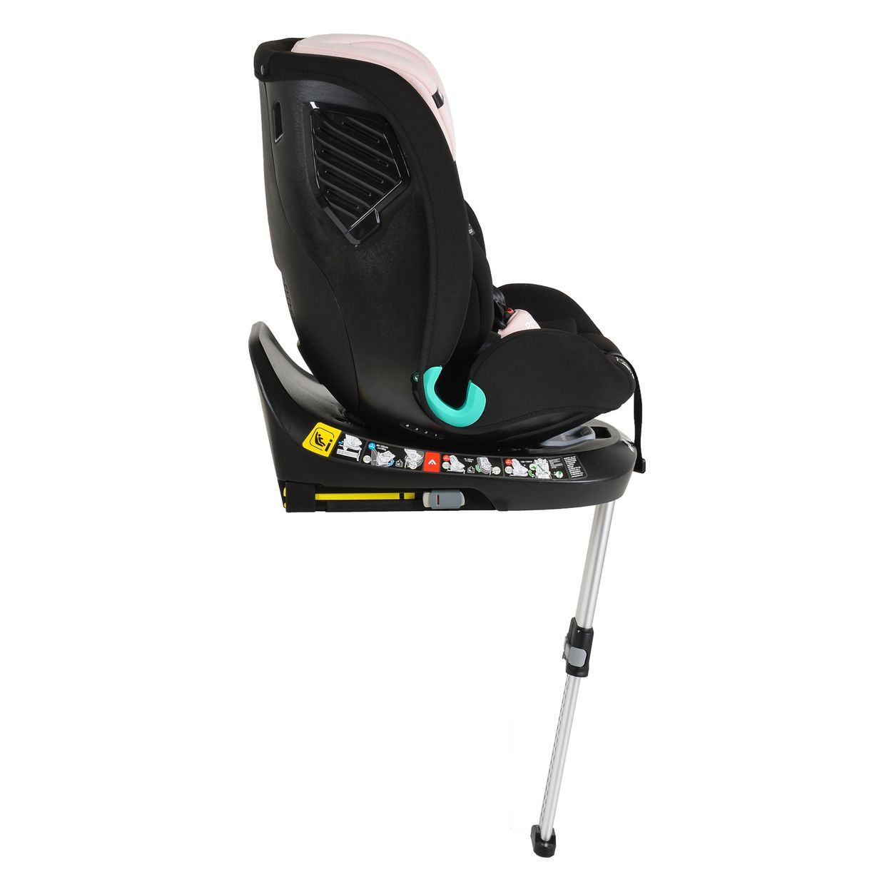 Ein schwarzer und rosa Babyautositz auf einem silbernen Ständer, isoliert auf Weiß. Details umfassen Sicherheitsanweisungen und einen türkisblauen Verstellgriff.