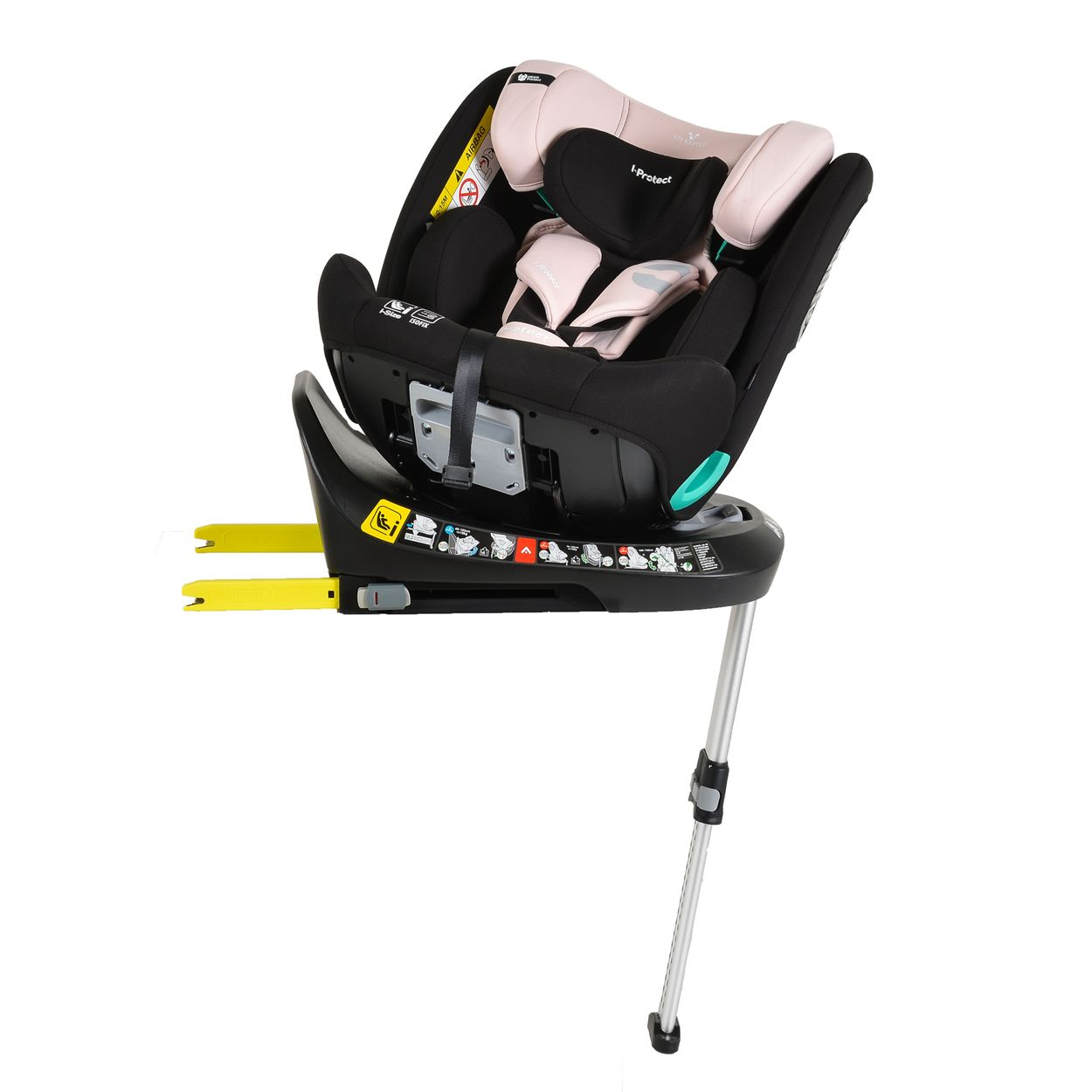 Ein schwarzer und rosa Autositz mit silbernem Ständer, gelben Armen und Sicherheitssymbolen. Der Sitz ist für Kindersicherheit konzipiert.