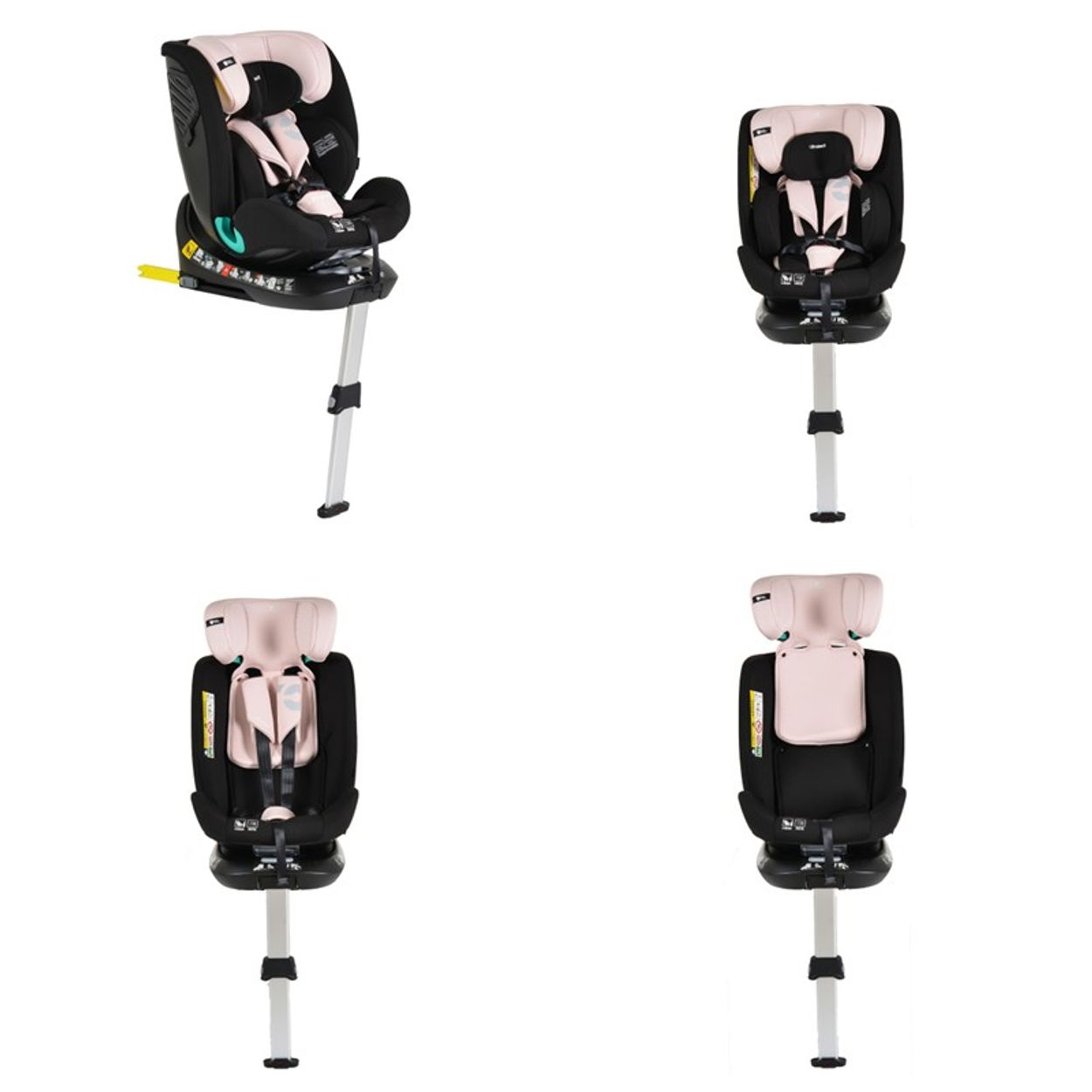 Vier Ansichten eines schwarz-rosa Kindersitzes auf weißem Hintergrund. Der Sitz steht auf einem Ständer.