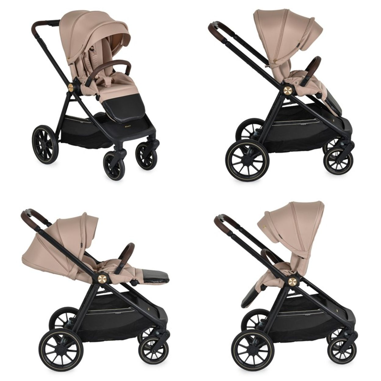 Vier Ansichten eines beige-schwarzen Kinderwagens mit Verdeck und großen Rädern. Der Kinderwagen steht auf weißem Grund.