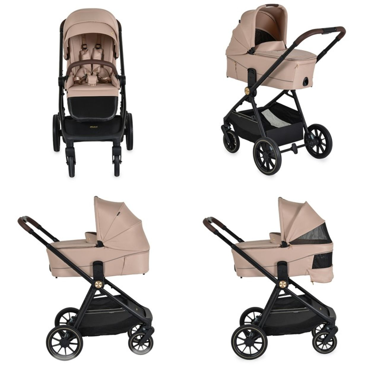 Vier verschiedene Ansichten eines beigen Kinderwagens mit schwarzem Rahmen und Rädern. Der Kinderwagen hat ein Sonnensegel und einen Aufbewahrungskorb.