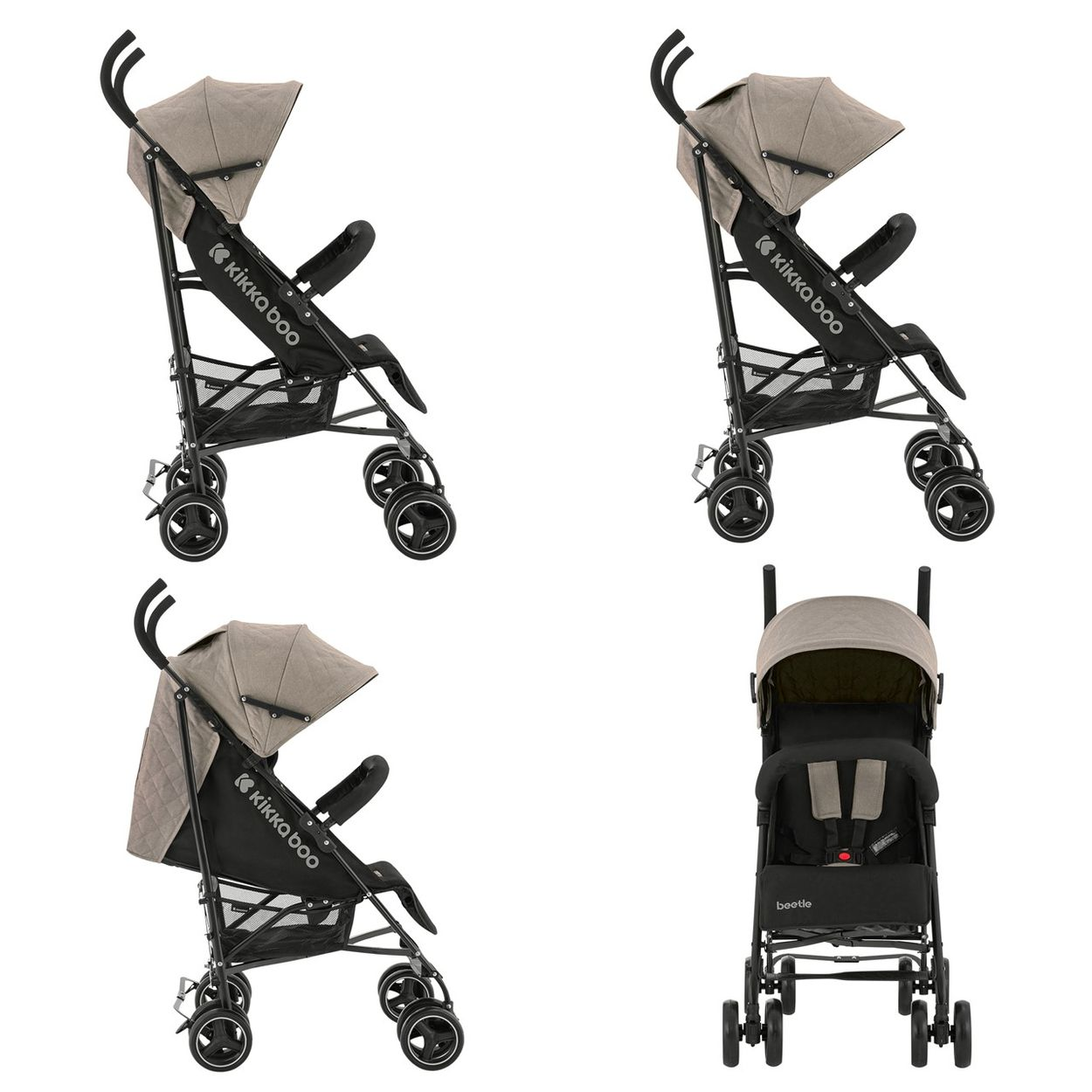 Vier Baby-Kinderwagen. Jeder hat ein beiges Verdeck, einen schwarzen Rahmen und den Markennamen 'kikka boo'. Räder sind schwarz mit weißen Akzenten.