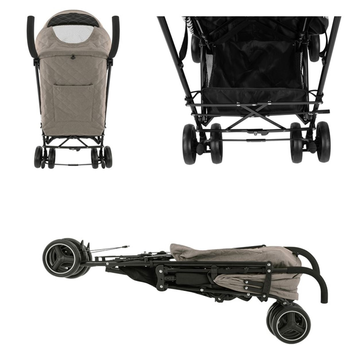 Ein zusammengeklappter grauer und schwarzer Kinderwagen. Der Kinderwagen hat vier Radsätze, ein Verdeck und Griffe. Der Kinderwagen steht auf weißem Hintergrund.