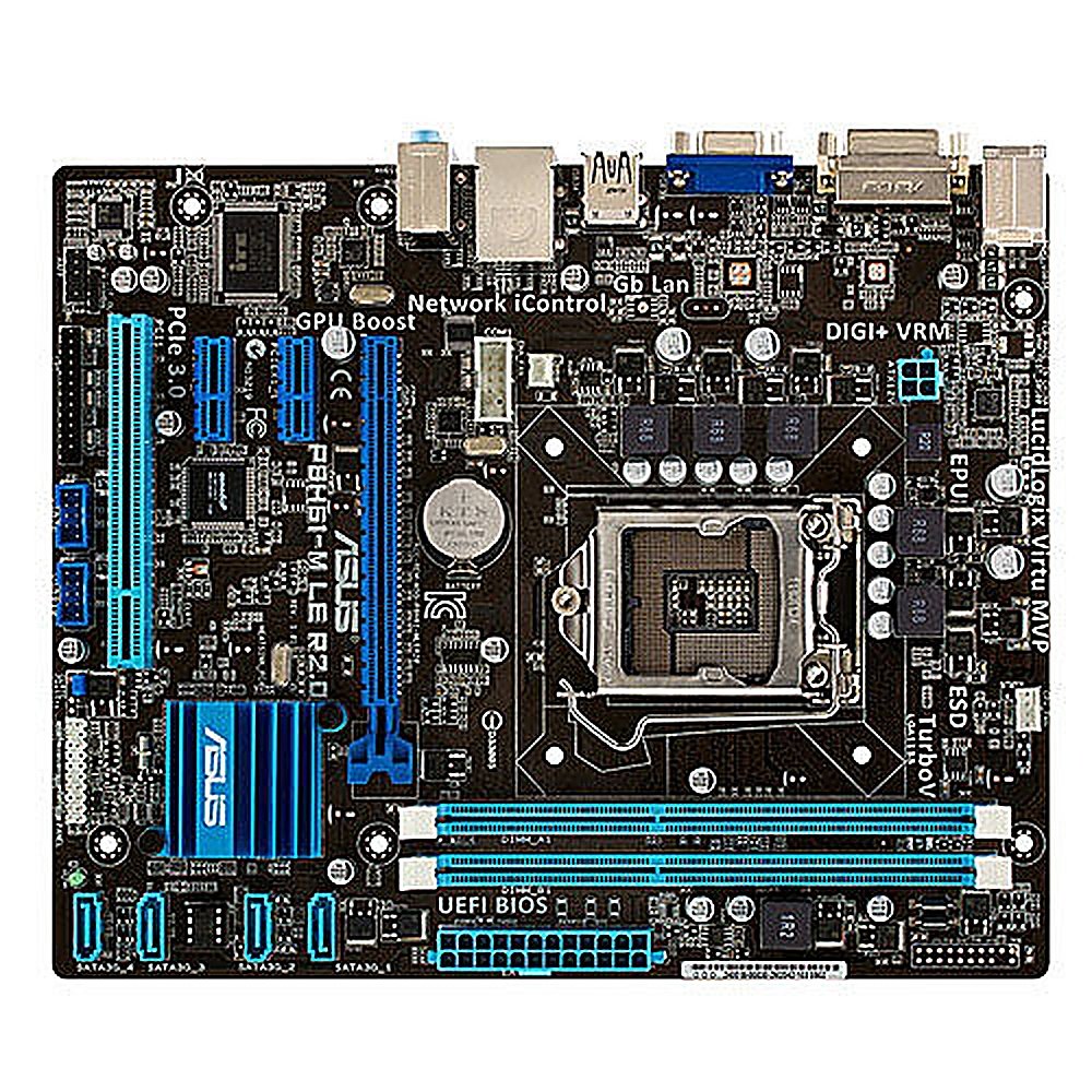 Una scheda madre ASUS P8H61-M LE R2.0 nera con slot blu. Dettagli includono slot PCI, socket CPU e vari connettori.