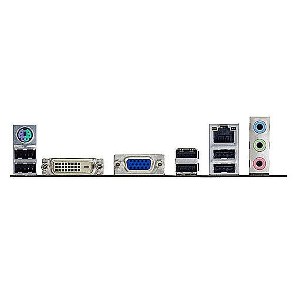 Primo piano del pannello posteriore di una scheda madre di computer, che mostra varie porte: DVI, VGA, jack audio, USB, Ethernet e PS/2.