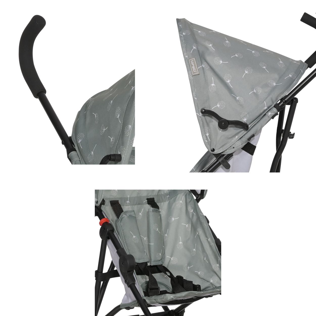 Nahaufnahme eines Kinderwagens. Er hat ein graues Verdeck mit weißem Blumenmuster, einen schwarzen Rahmen und Griff. Sitz mit Sicherheitsgurten.