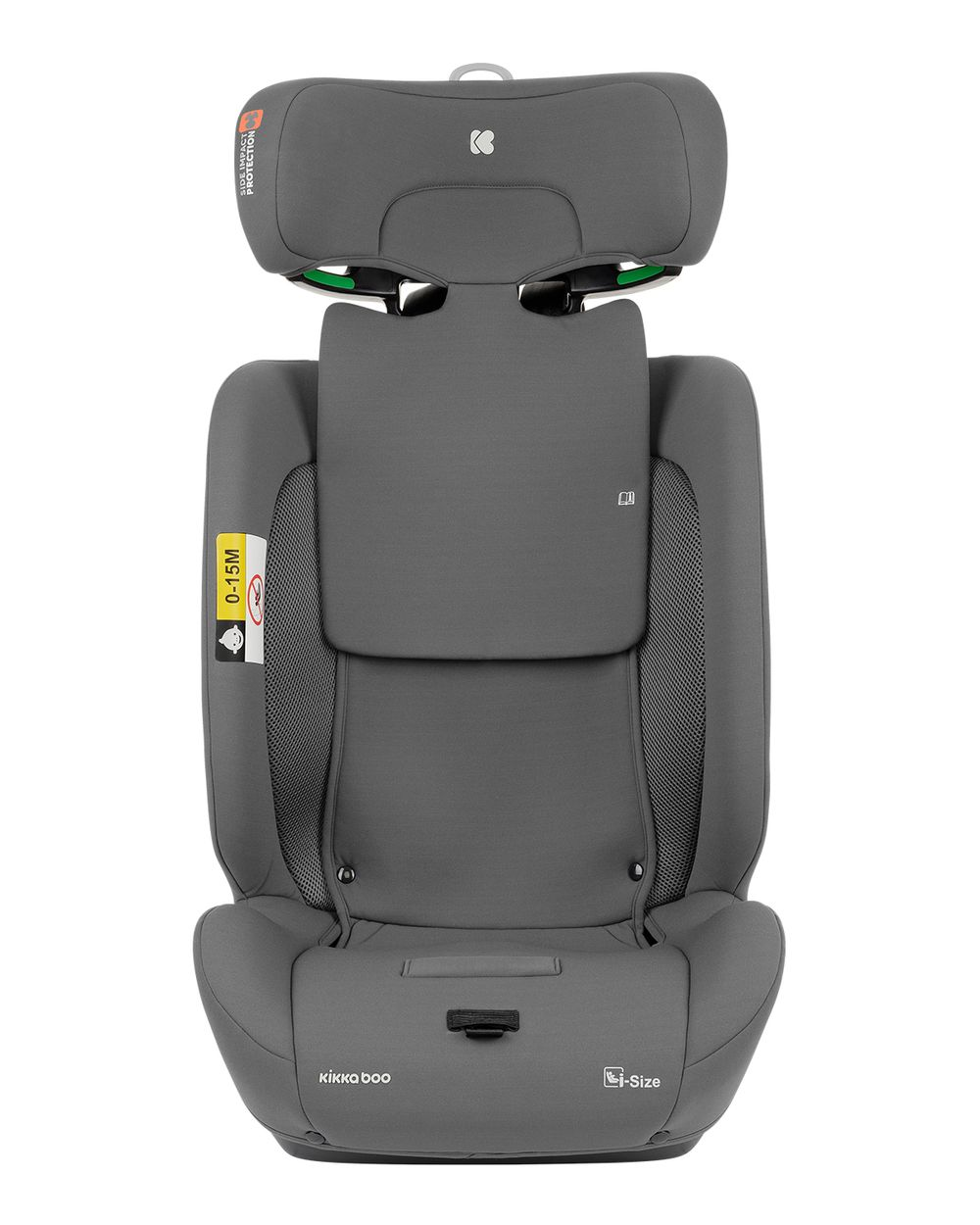 Gezeigt wird ein grauer Autositz. Er hat eine Kopfstütze, Rückenlehne und Sitzfläche. Die Marke ist 'kikka boo'. Es ist ein i-Size-Sitz.