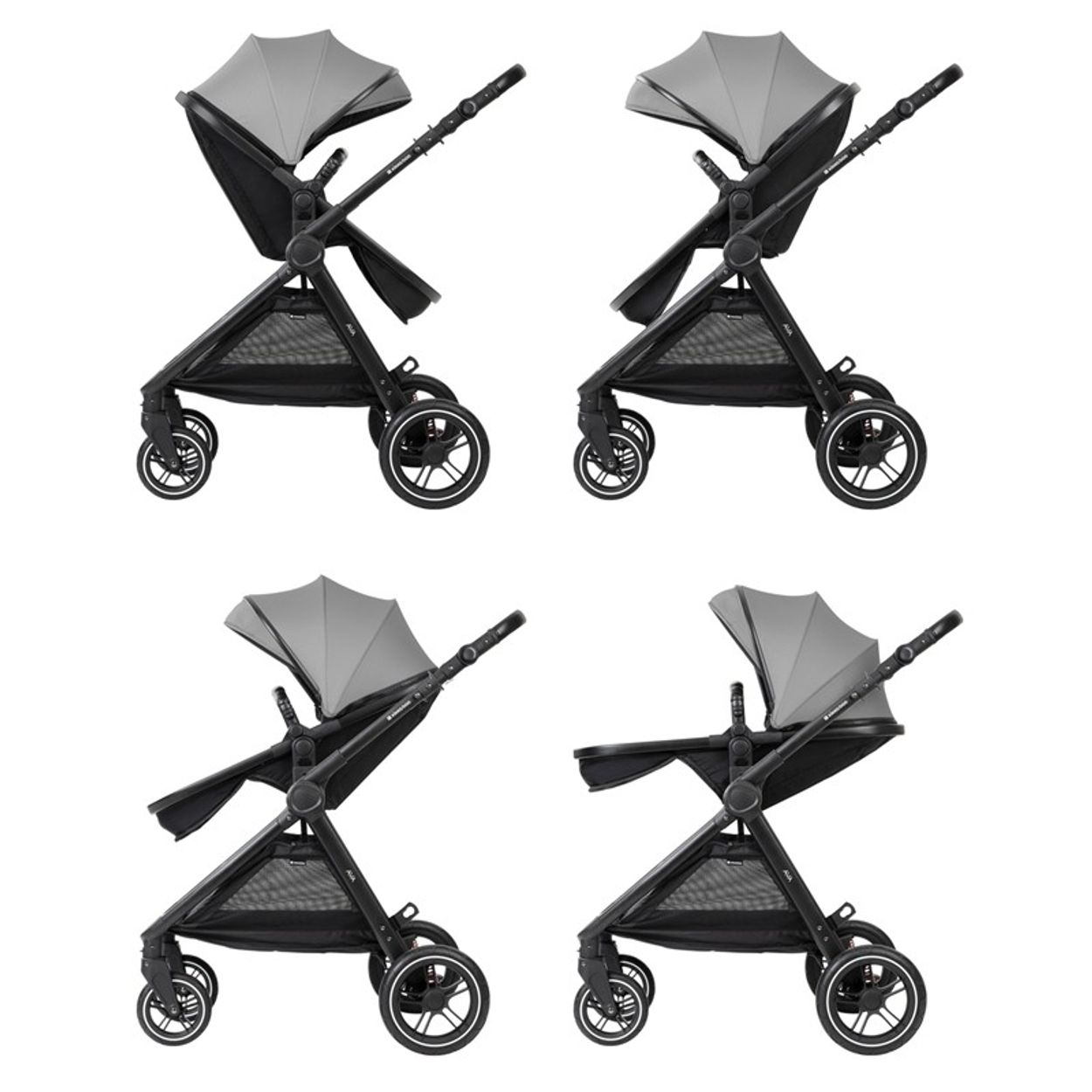 Vier graue und schwarze Kinderwagen, jeweils mit Verdeck, Rädern und Griff. Isoliert auf weißem Hintergrund.