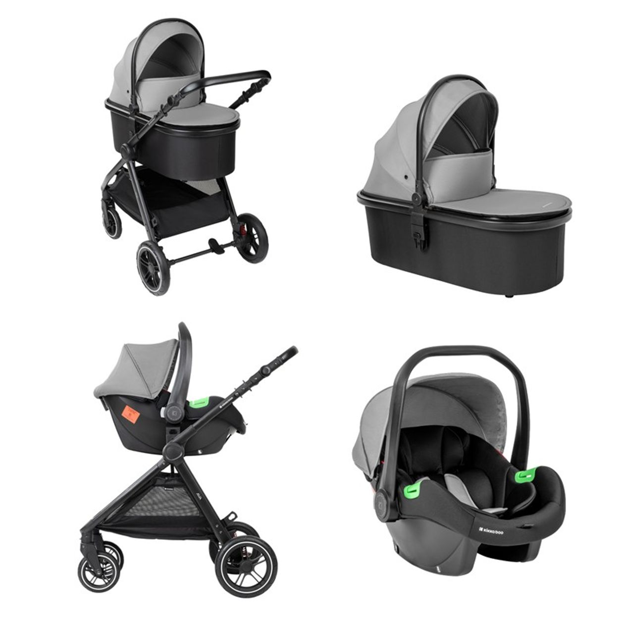 Vier Komponenten eines Baby-Reisesystems: Kinderwagen, Babywanne, Autositz und Babyschale. Alle sind schwarz und grau.