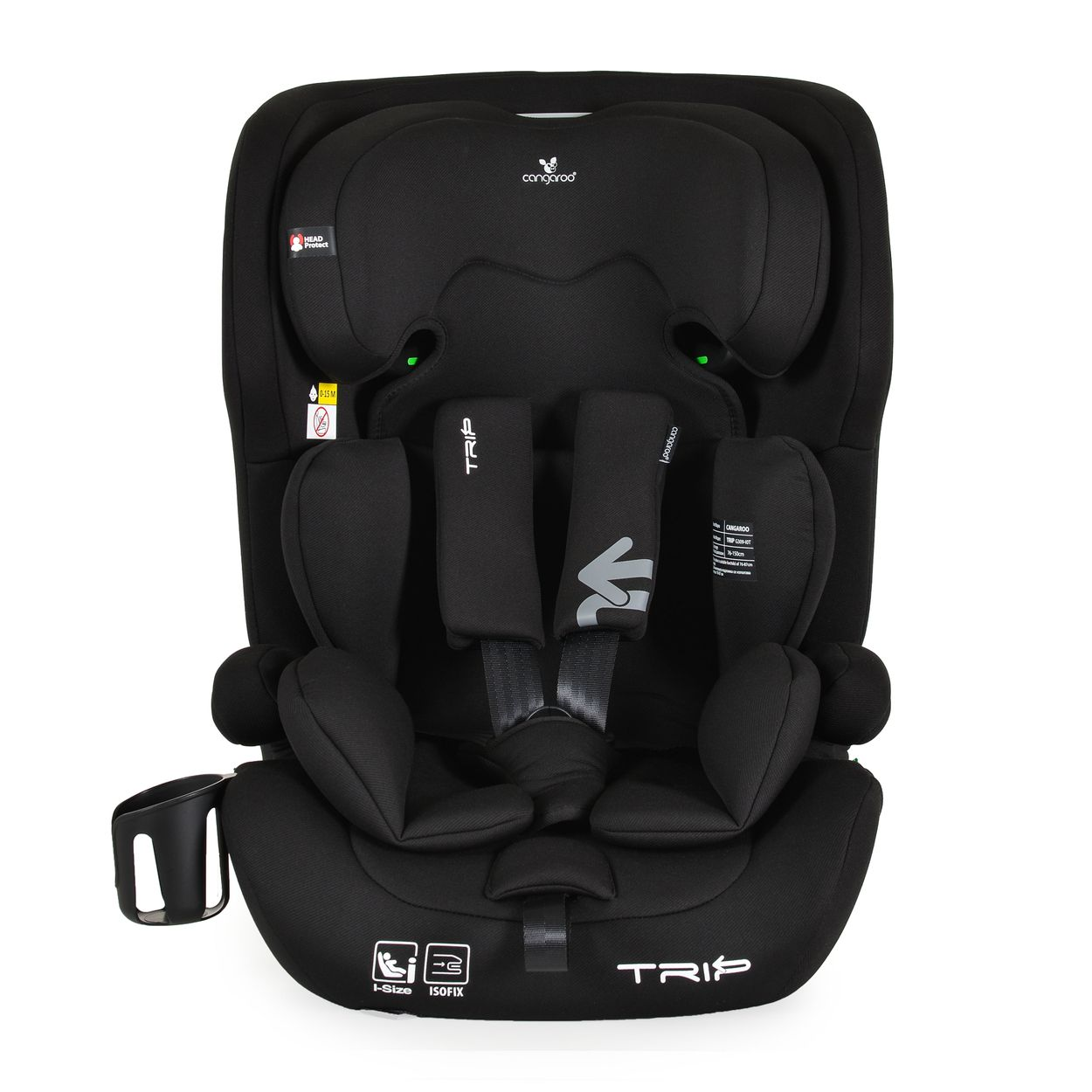 Schwarzer Autositz mit Kopfstütze, Sicherheitsgurten und Getränkehalter. Der Markenname 'Trip' ist sichtbar. Es hat ISOFIX- und i-Size-Funktionen.