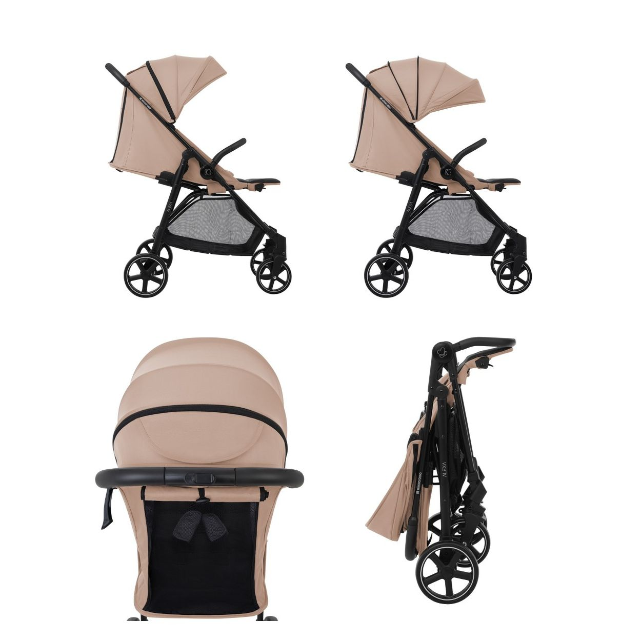 Vier Ansichten eines beige-schwarzen Kinderwagens. Eine zeigt zwei Kinderwagen, eine die Vorderseite, die letzte gefaltet.