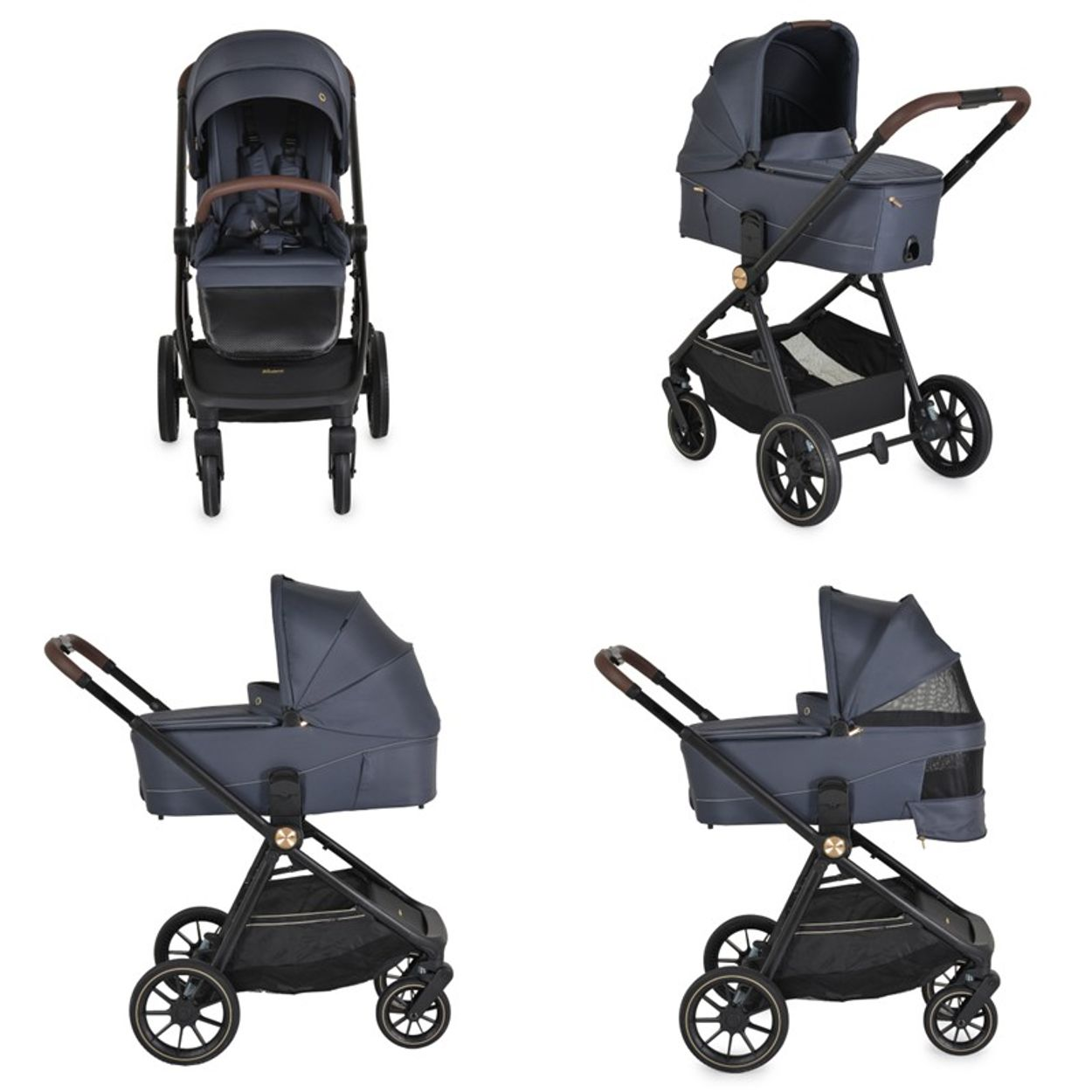 Vier Bilder eines dunkelblauen Kinderwagens. Aus verschiedenen Blickwinkeln gezeigt, hat der Kinderwagen ein Sonnensegel, einen braunen Griff und einen schwarzen Rahmen mit Rädern.