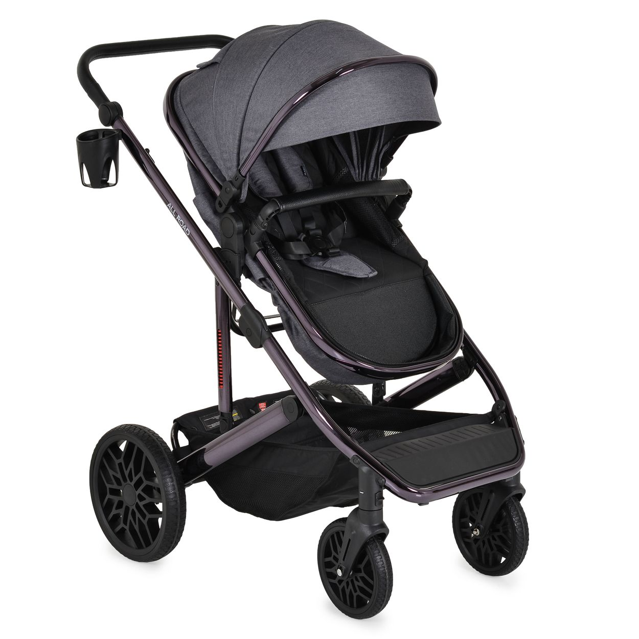 Ein dunkelgrauer Kinderwagen mit schwarzen Rädern und einem Becherhalter. Der Kinderwagen hat ein Verdeck und einen Aufbewahrungskorb.