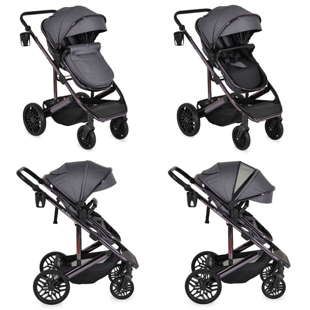 Vier graue Kinderwagen mit schwarzen Rädern. Jeder hat ein Verdeck, einen Griff und einen Getränkehalter. Sie befinden sich auf weißem Hintergrund.