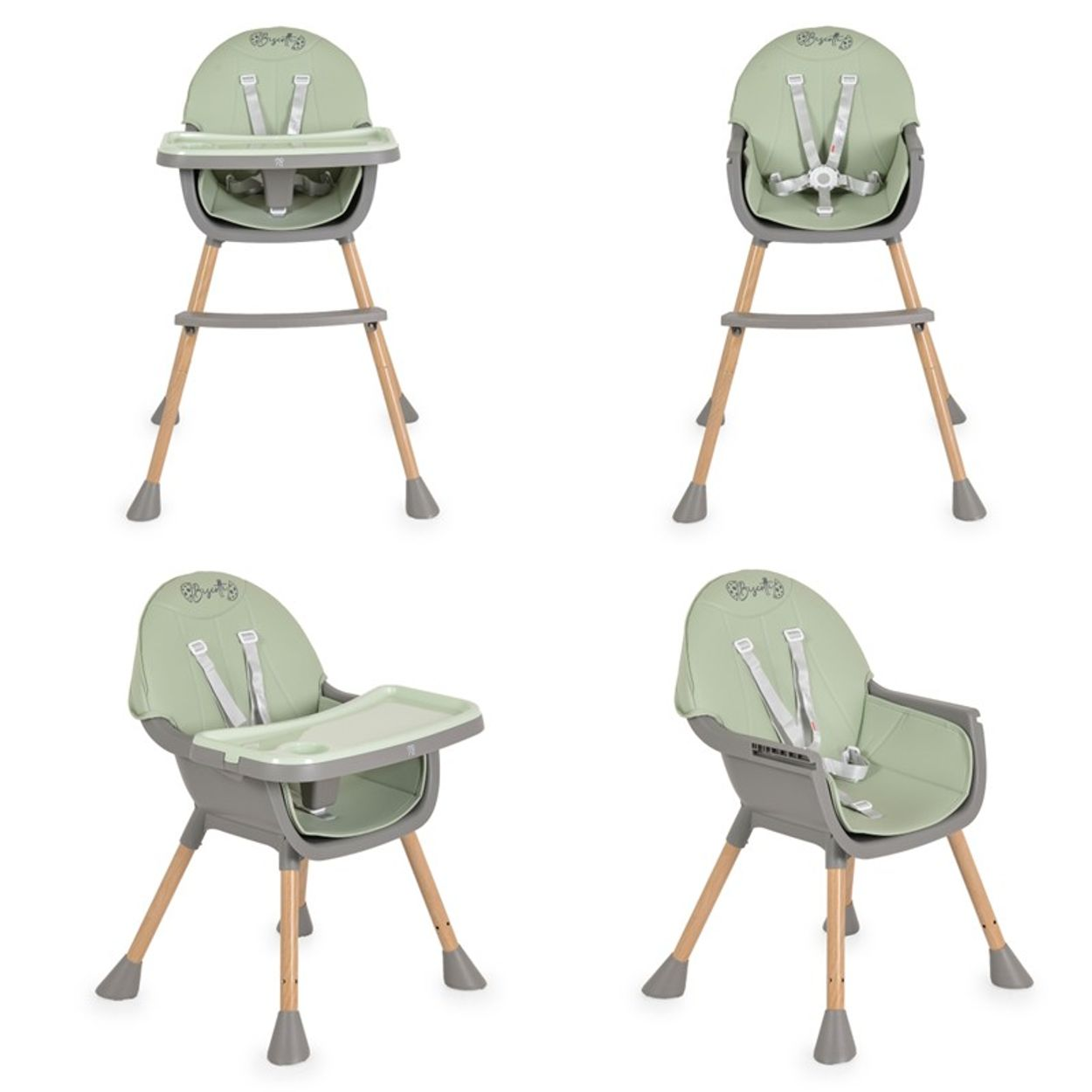 Vier Babyhochstühle. Jeder hat einen grünen Sitz, einen grauen Rahmen, Holzbeine und ein Tablett oder Sicherheitsgurte. Alles vor weißem Hintergrund.