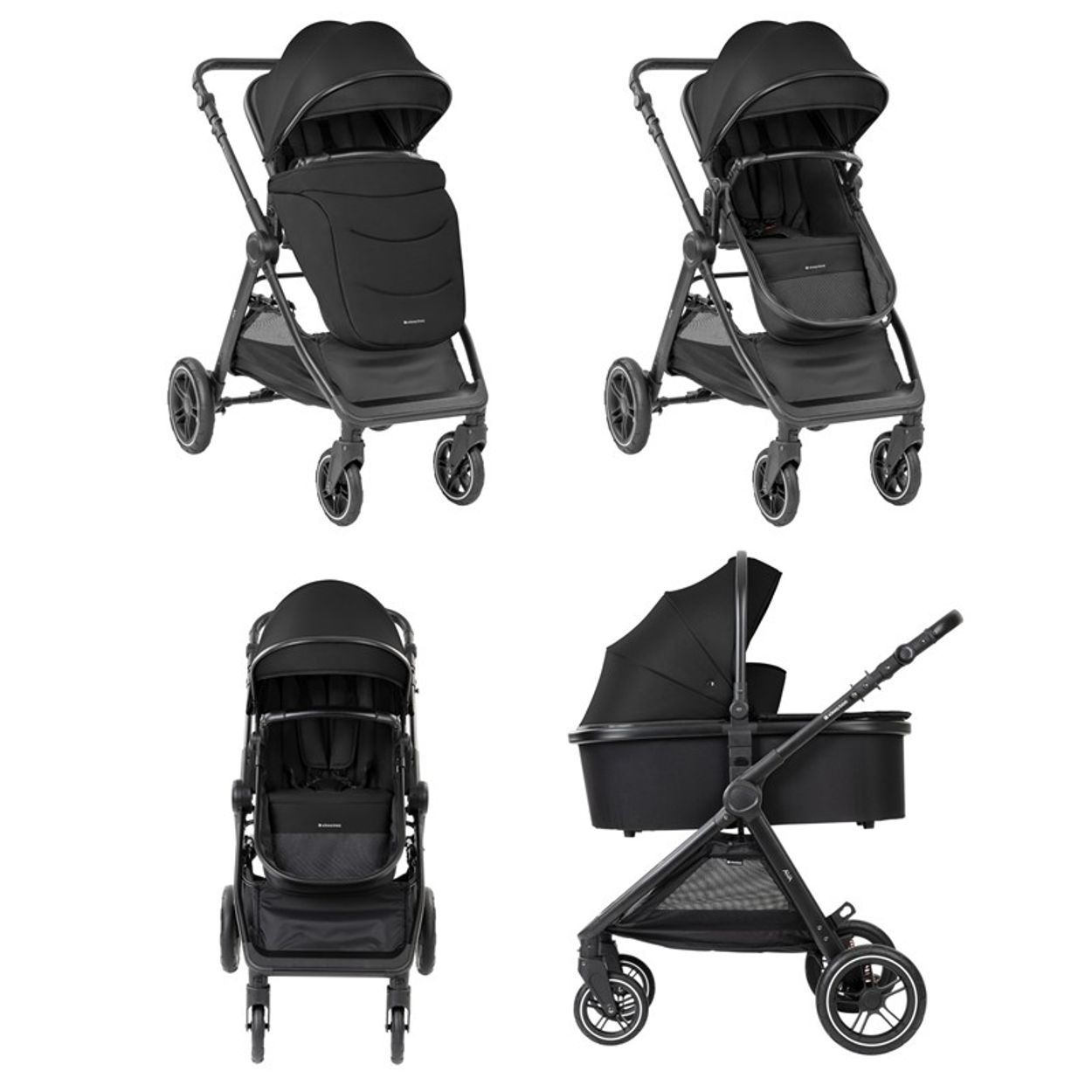 Vier schwarze Kinderwagen werden gezeigt. Jeder hat ein Verdeck, Räder und einen Sitz oder eine Babywanne. Der Hintergrund ist schlicht weiß.