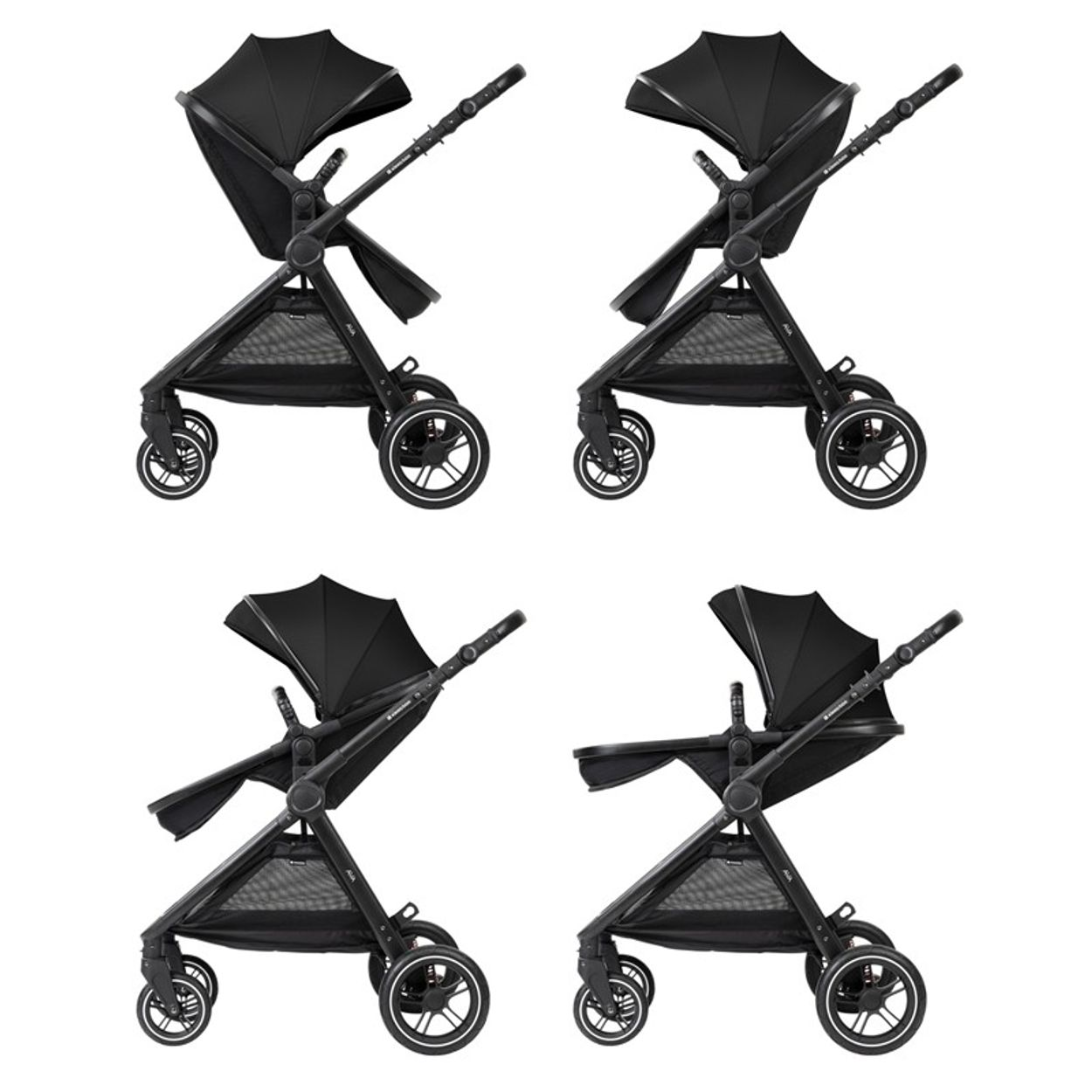 Vier schwarze Kinderwagen. Jeder hat ein Sonnensegel, einen Sitz und Räder. Sie sind leicht abgewinkelt, mit weißem Hintergrund.