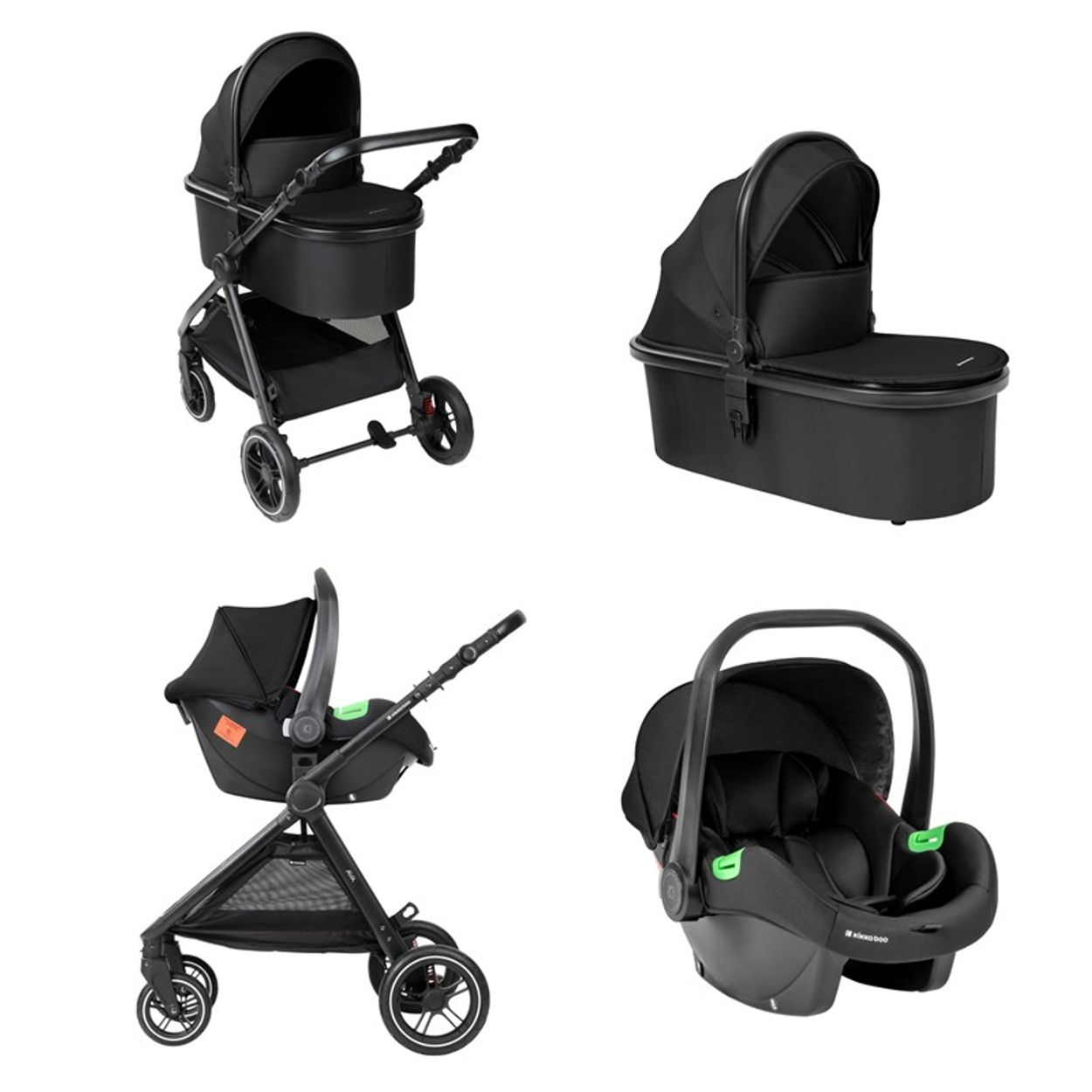 Vier schwarze Baby-Reisesysteme: Kinderwagen, Stubenwagen, Autositz und eine kombinierte Kinderwagen/Autositz-Konfiguration, alles auf weißem Hintergrund.