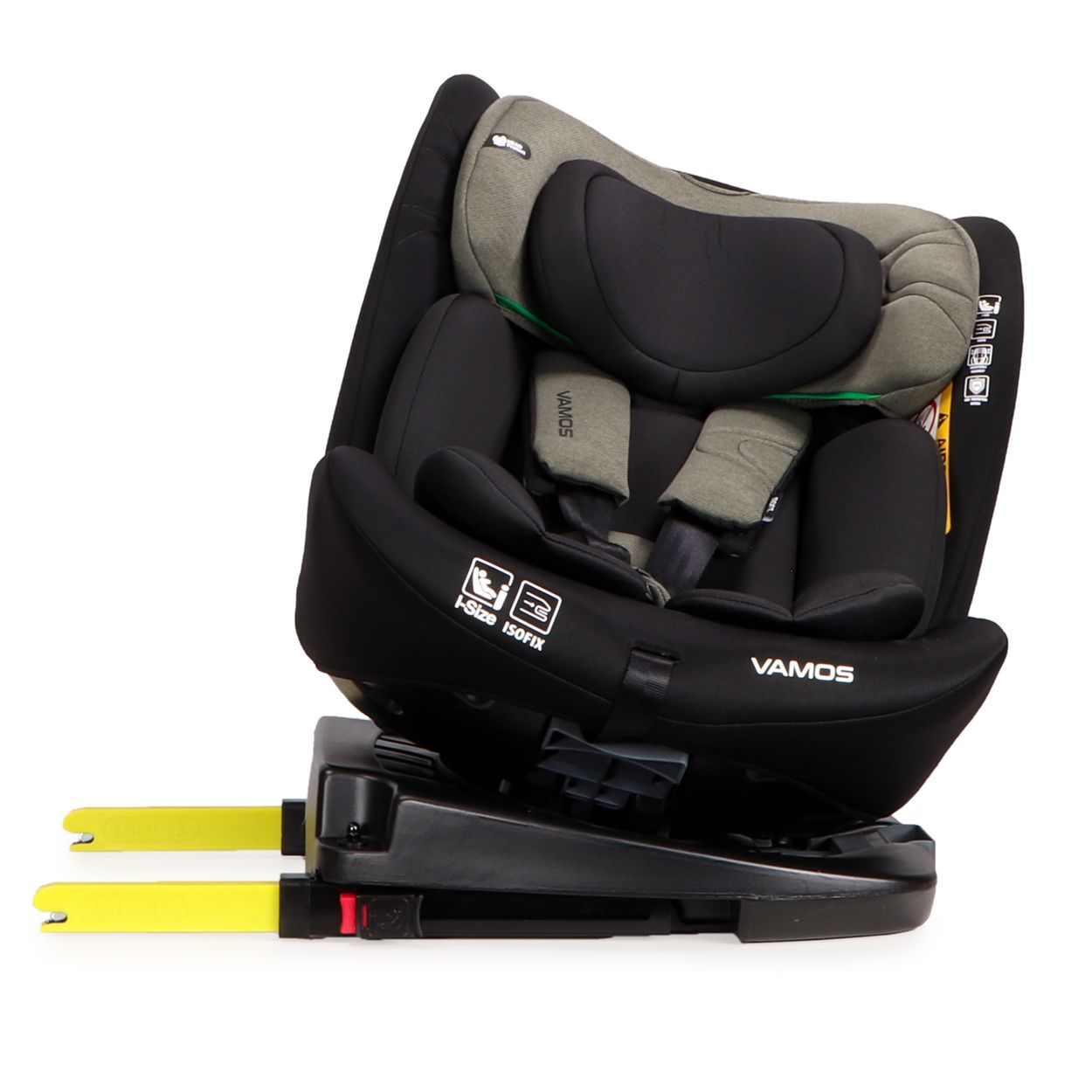 Ein schwarzer und grauer Autositz mit gelben ISOFIX-Anschlüssen. Kopfstütze und Sitz sind gepolstert. Markenname 'VAMOS' sichtbar.