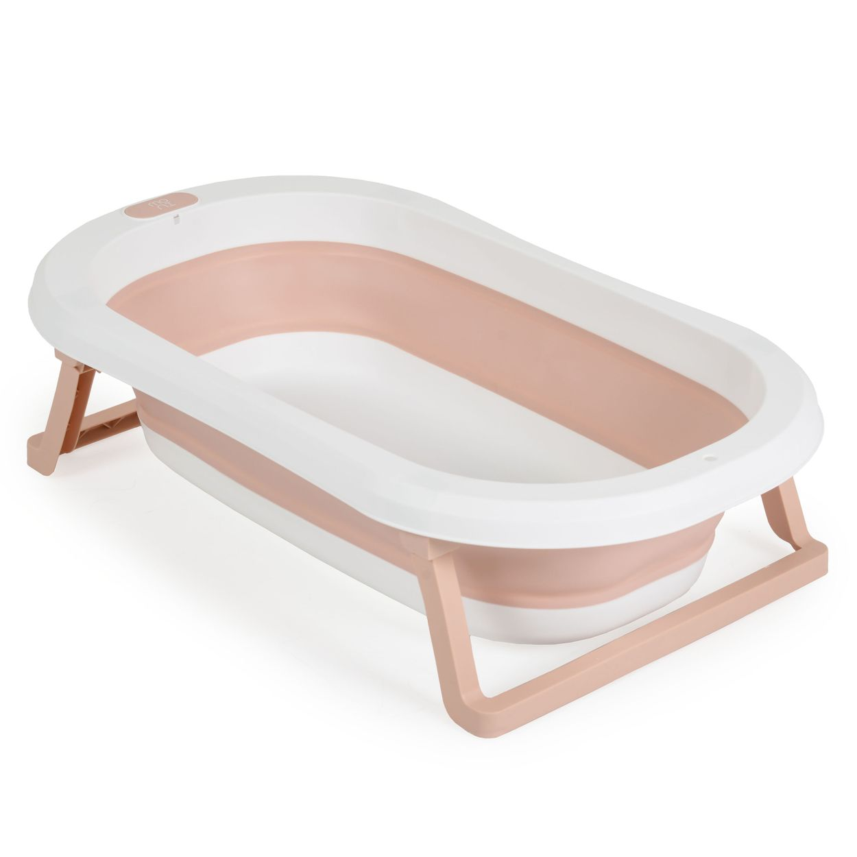 Eine weiß-rosa faltbare Babybadewanne mit Beinen. Die Wanne ist offen und leer. Der Hintergrund ist weiß.