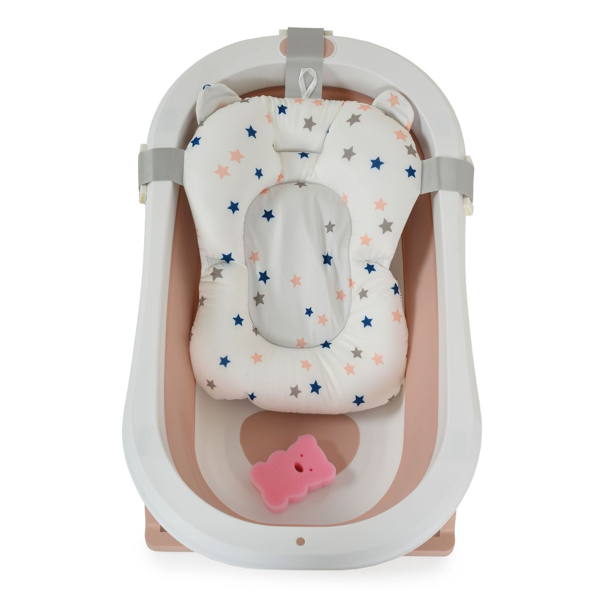 Eine Babybadewanne mit sternförmiger Kopfstütze und einem rosa bärenförmigen Schwamm. Die Wanne ist weiß und rosa.