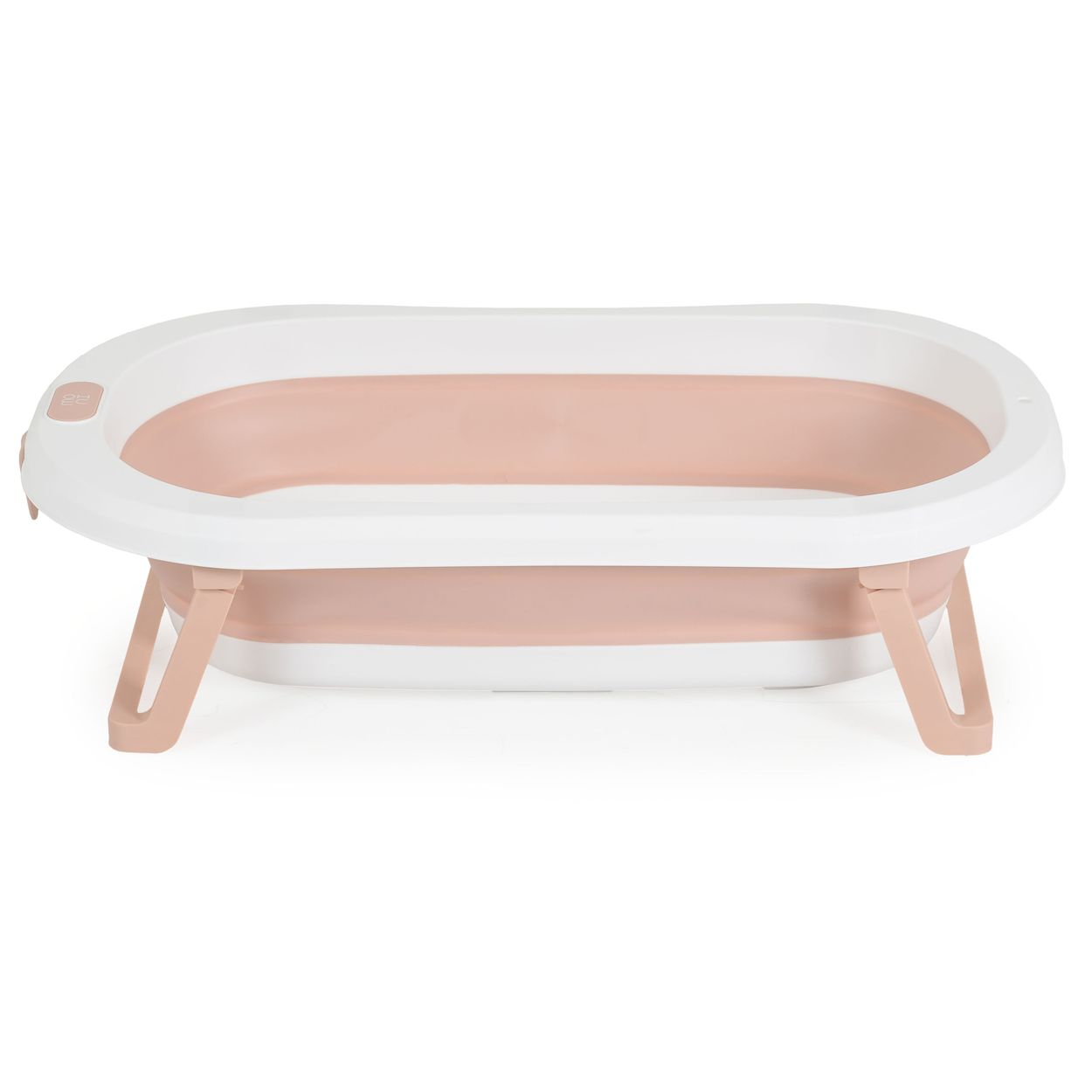 Eine faltbare Babybadewanne. Sie ist weiß und rosa mit Klappbeinen. Die Wanne ist oval. Der Hintergrund ist weiß.