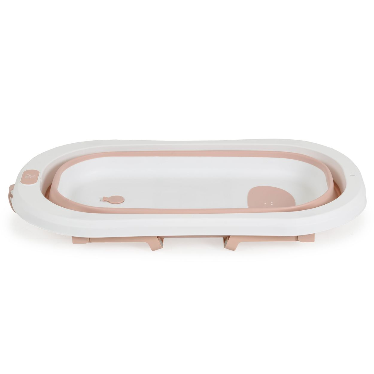 Faltbare Babybadewanne. Weißer und rosa Kunststoff, ovale Form. Beine gefaltet. Innen hat es eine abgerundete Form. Auf weißem Hintergrund.