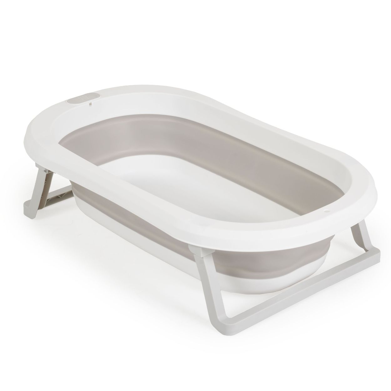 Eine weiß-graue, zusammenklappbare Babybadewanne mit grauen Beinen auf weißem Hintergrund. Die Wanne ist oval geformt.